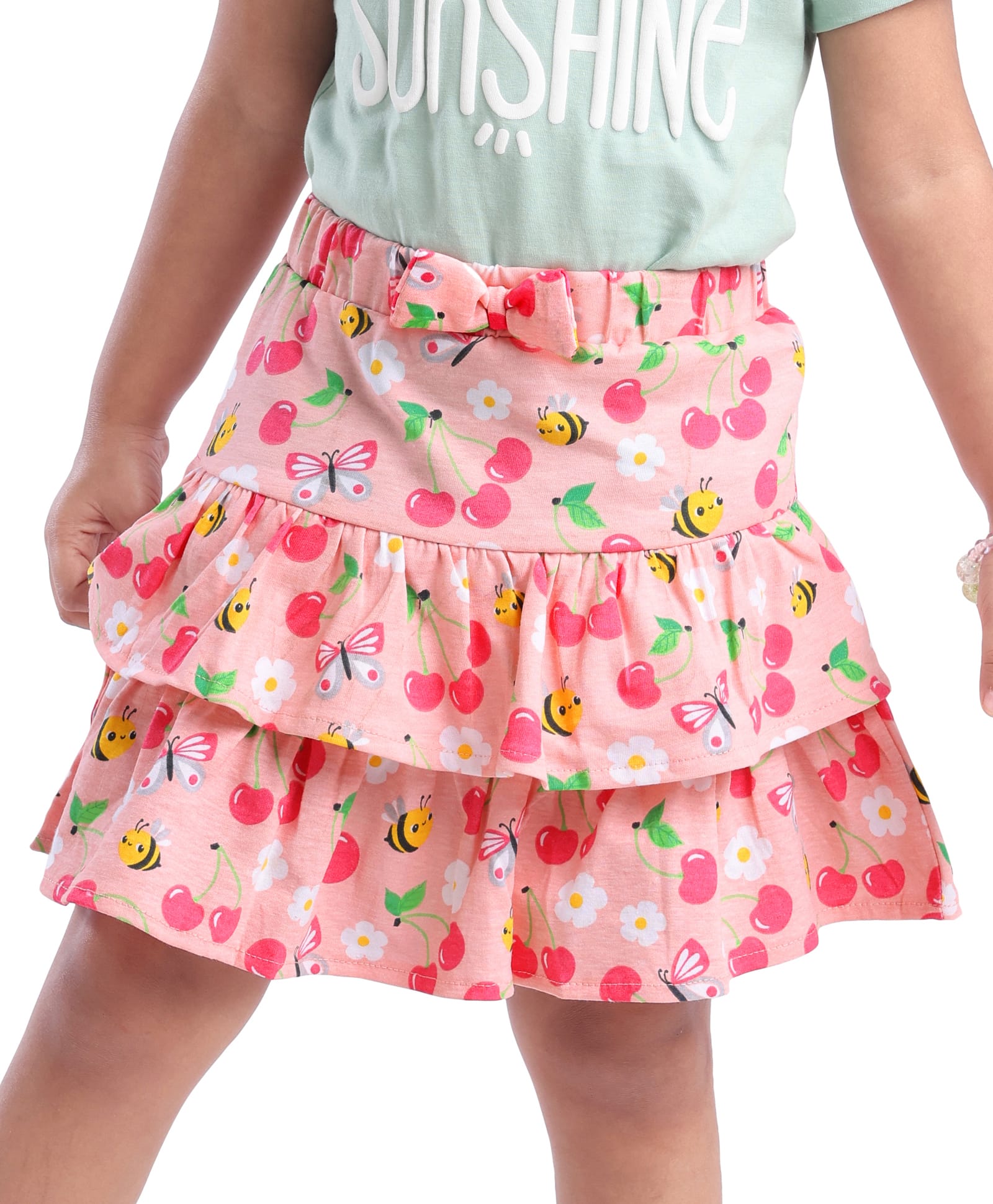 Babyhug Single Jersey Knit Mid Thigh Length Skirt Floral & Bees Print - Pink-image-15