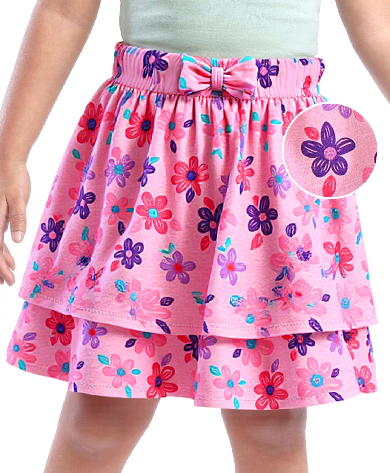 Babyhug Single Jersey Knit Mid Thigh Length Layered Skirt with Bow Applique & Floral Print - Pink-image-19