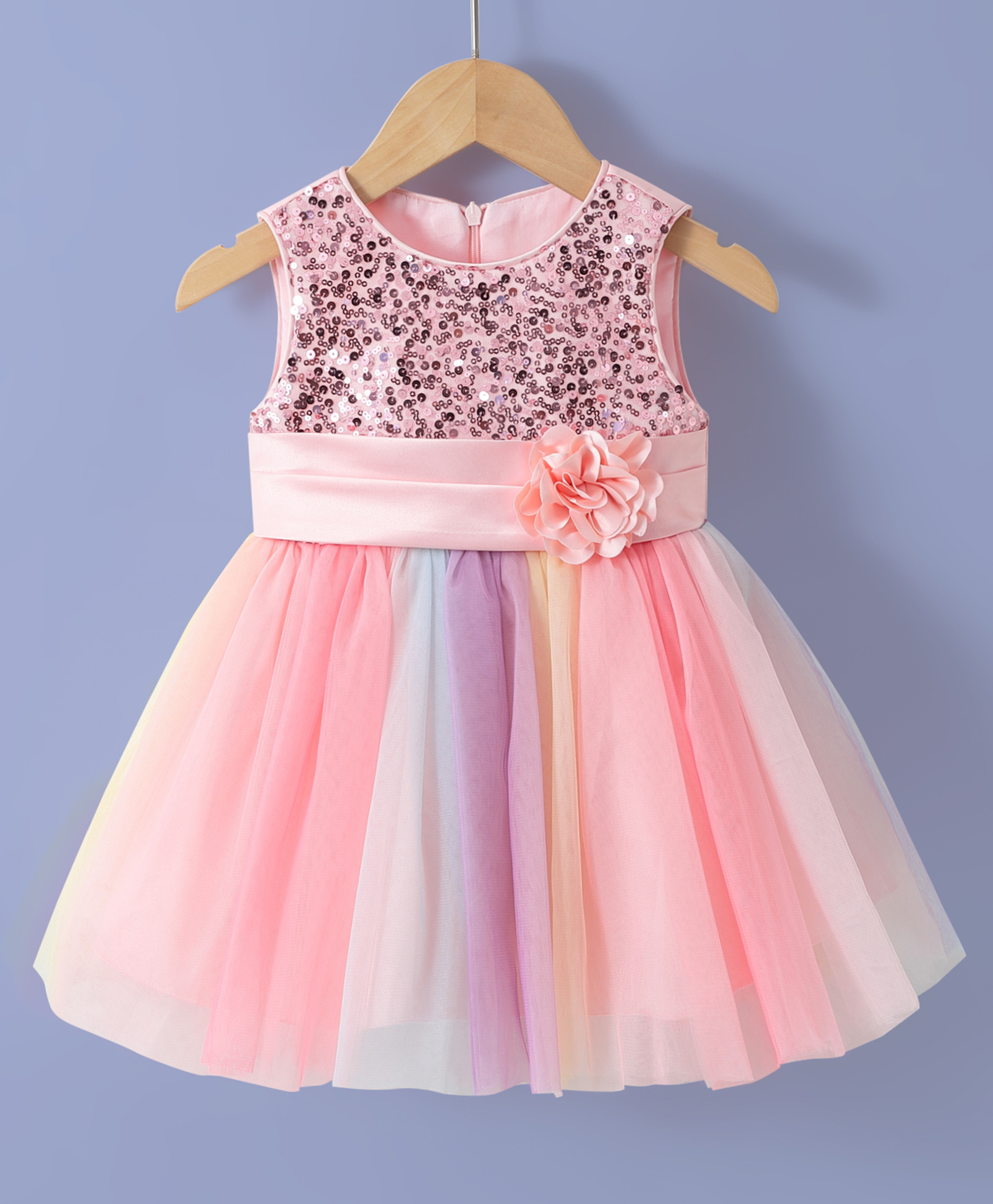 Kookie Kids Sleeveless Sequined Mesh Party Frock with Corsage - Pink-image-17