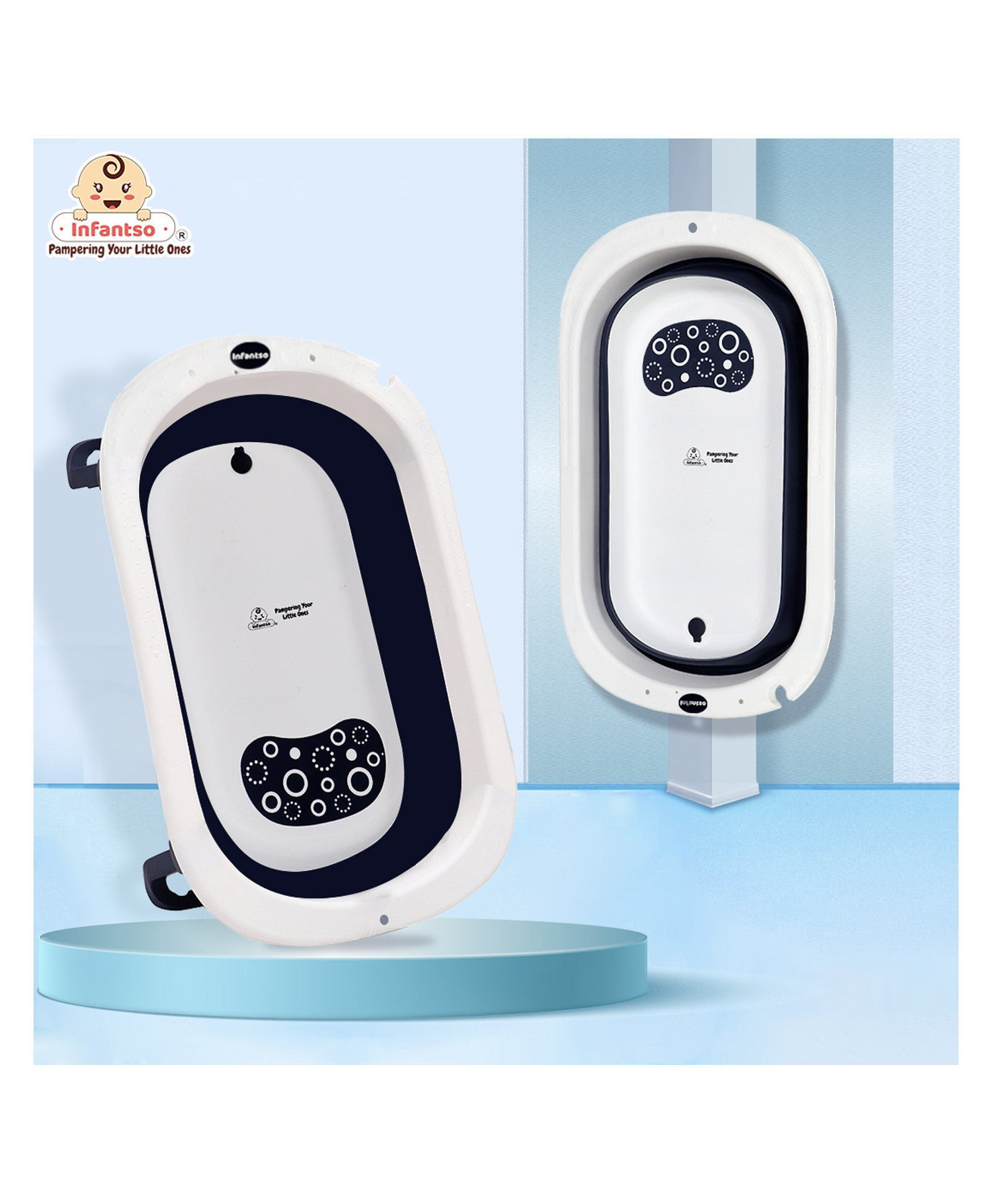 INFANTSO Folding Baby Bath Tub with Support Bath Net - Dark Blue