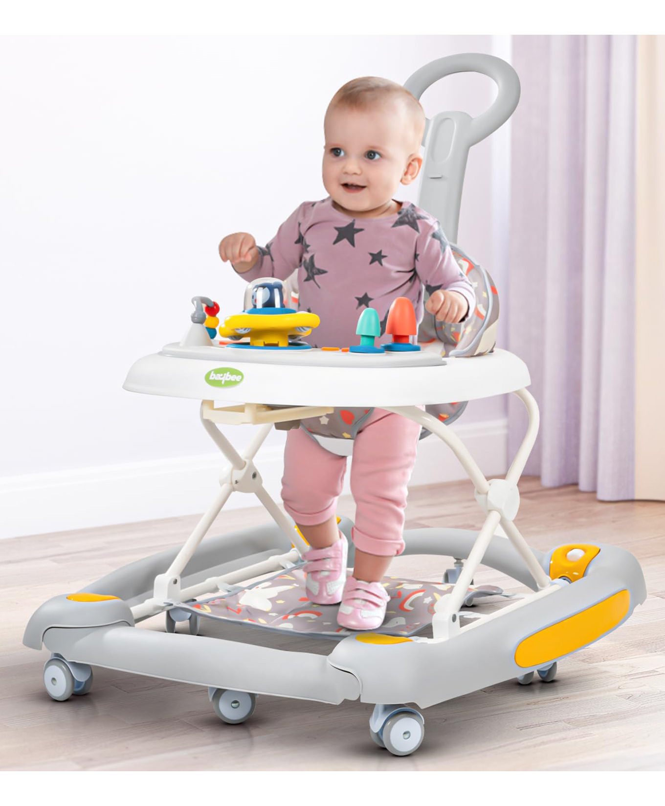 Baybee 2 in 1 Clofi Baby Walker Cum Rocker Kids Walker with Push Handle 3 Adjustable Height Foot Mat Rocking & Musical Toys - Grey-image-17