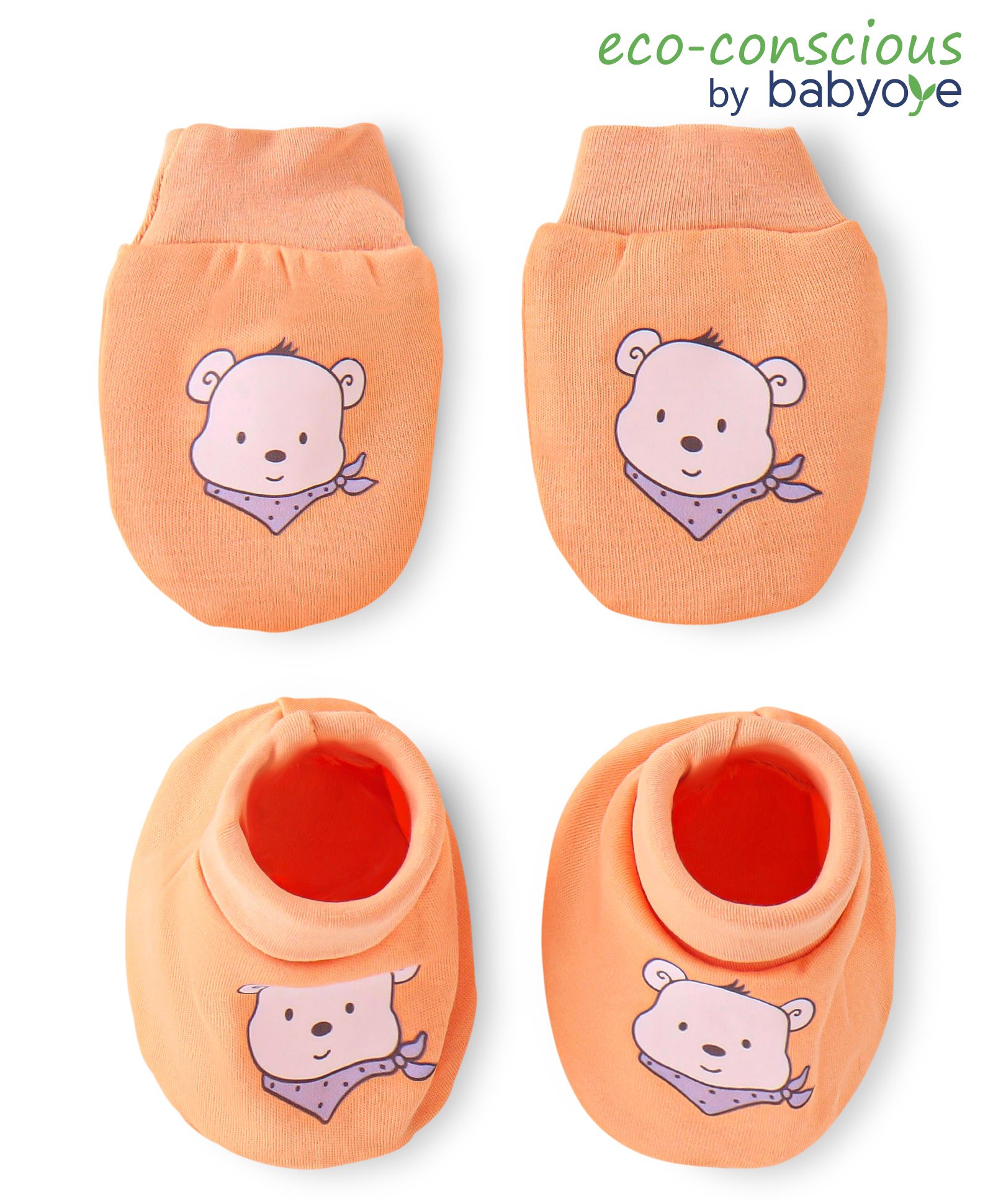 Babyoye 100% Cotton with Eco Jiva Finish Mittens &  Booties Set with Bear Print - Orange-image-45