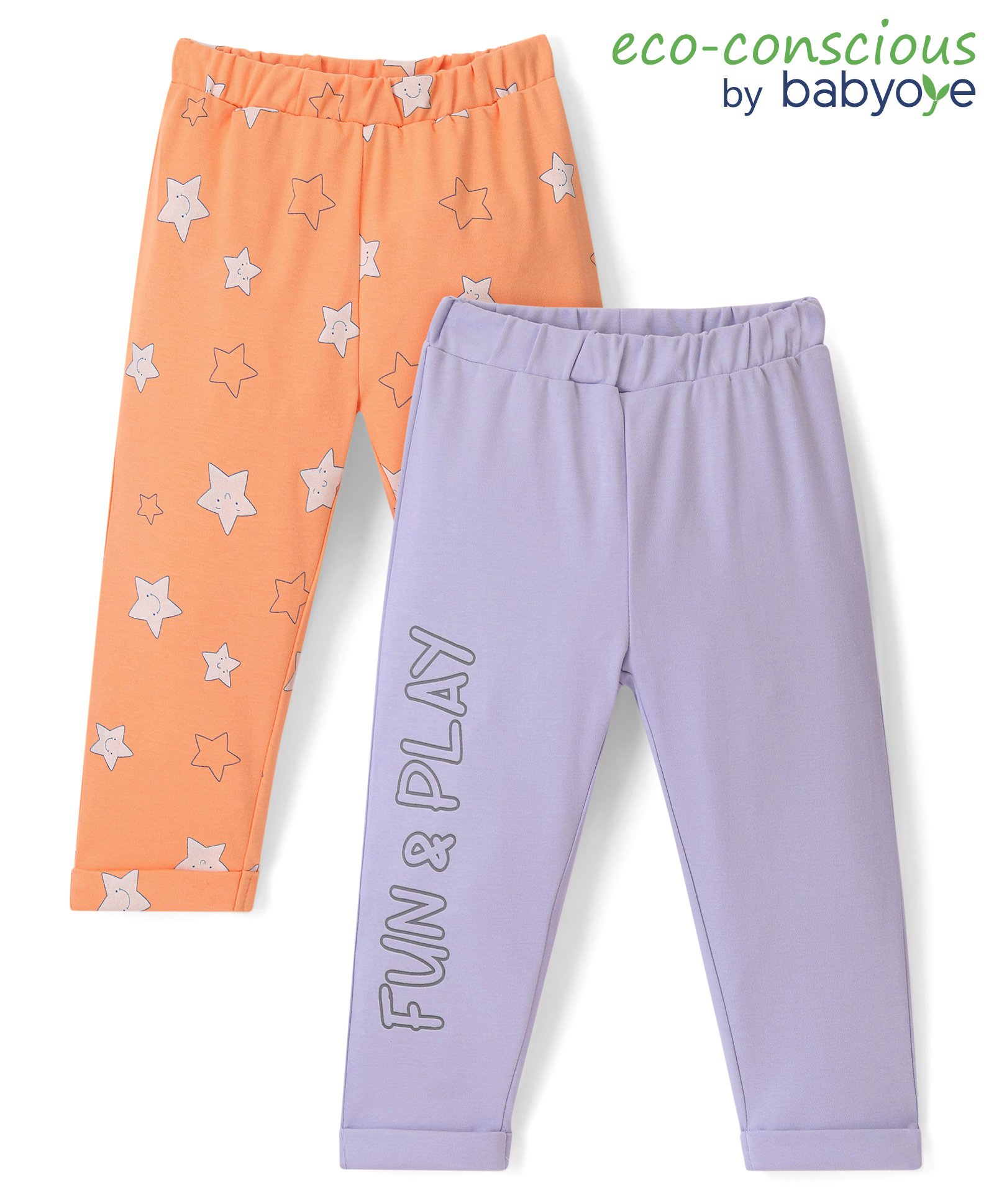 Babyoye 100% Cotton with Eco Jiva Finish Full Length Stars Printed Lounge Pants Pack of 2 - Orange & Purple-picture-14