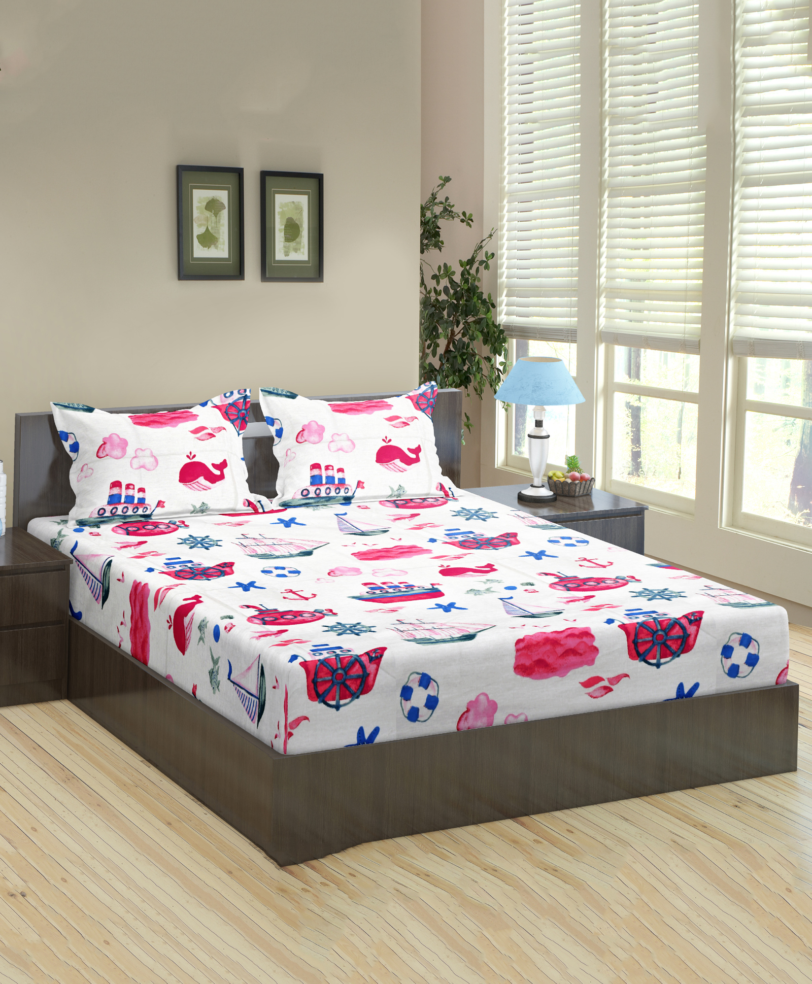 Trance Home Linen Cotton Queen Size Printed Kids Bedsheet with 2 Pillow Covers- Boat Pink-picture-29