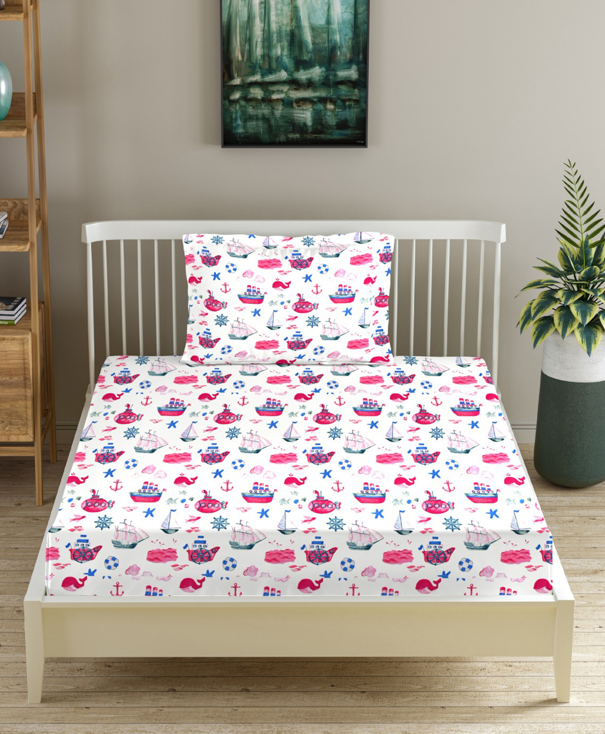 Trance Home Linen 100% Cotton Single Size Printed Kids Bedsheet with 1 Pillow Cover- Boat Pink-picture-11