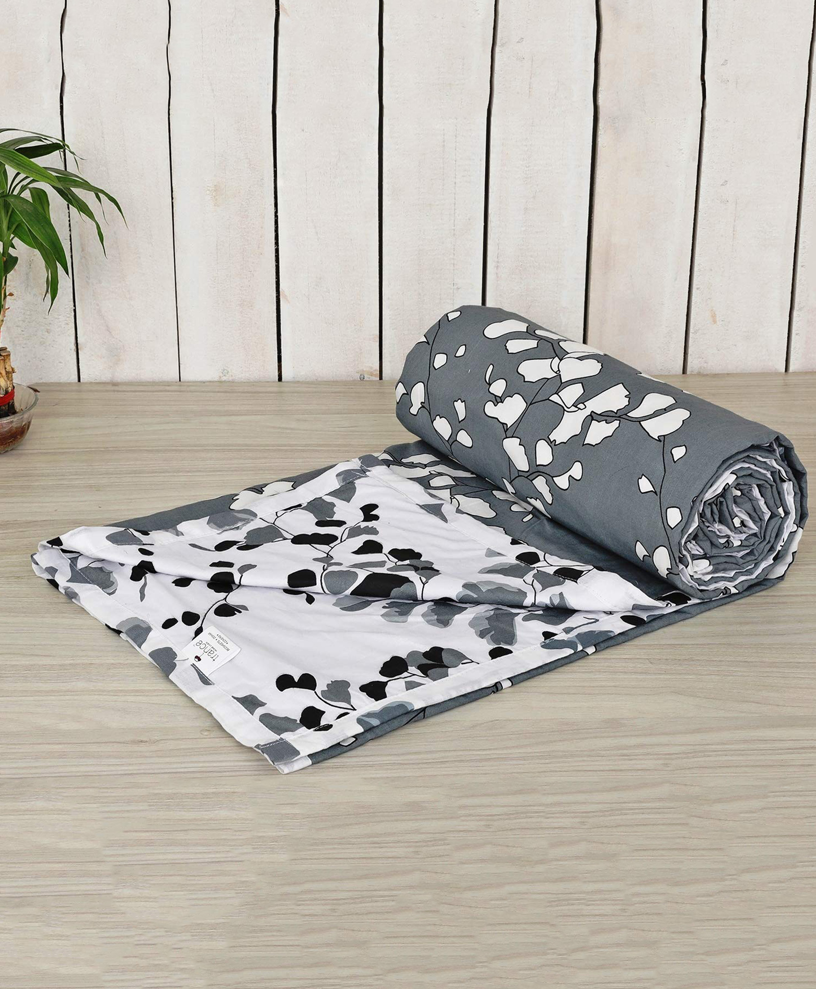 Trance Home Linen Pure Malmal Cotton Multipurpose Baby Blanket- Grey White Abstract Leaves-picture-23