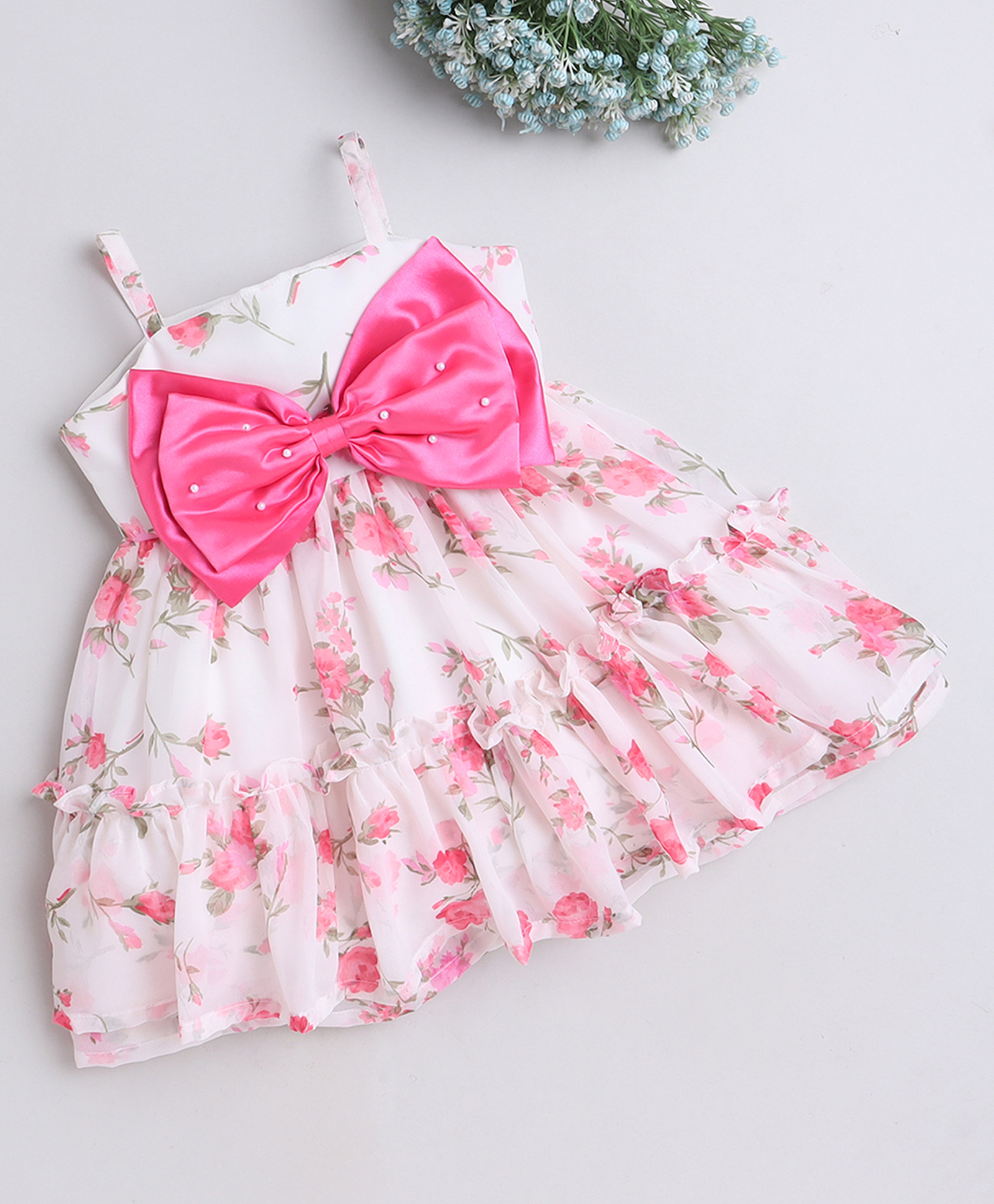 Many frocks & Sleeveless Bow & Bead Embellished With Floral Printed Dress - White-image-27