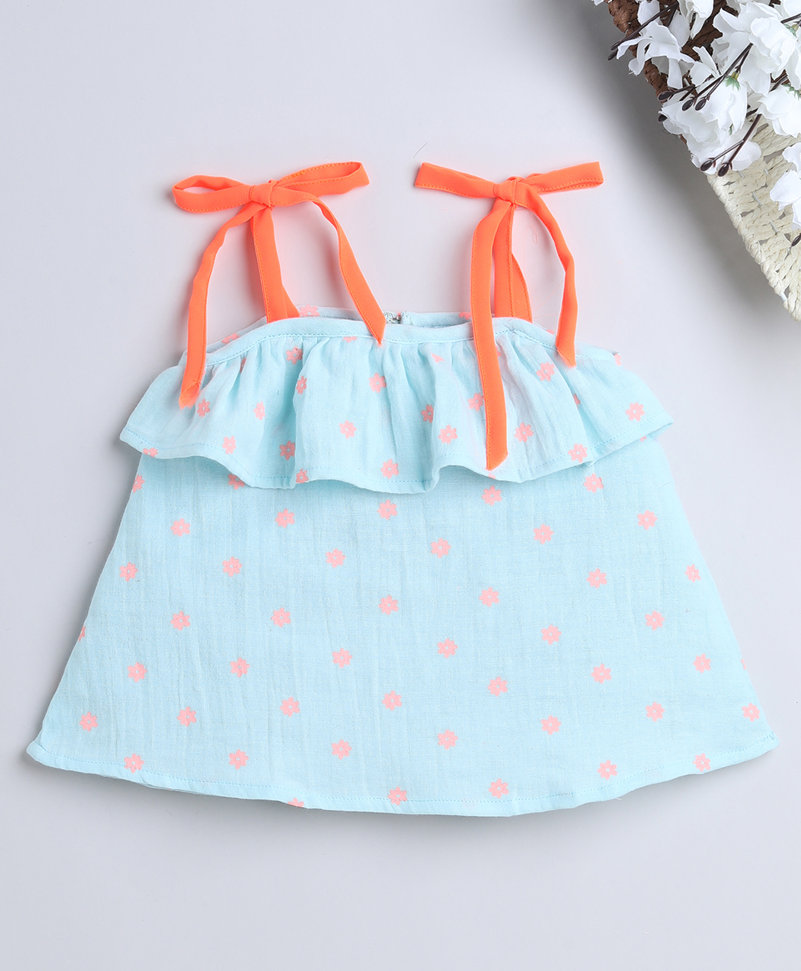 Many frocks & Sleeveless Flower  Printed & Frill Detailed Top - Blue-image-31
