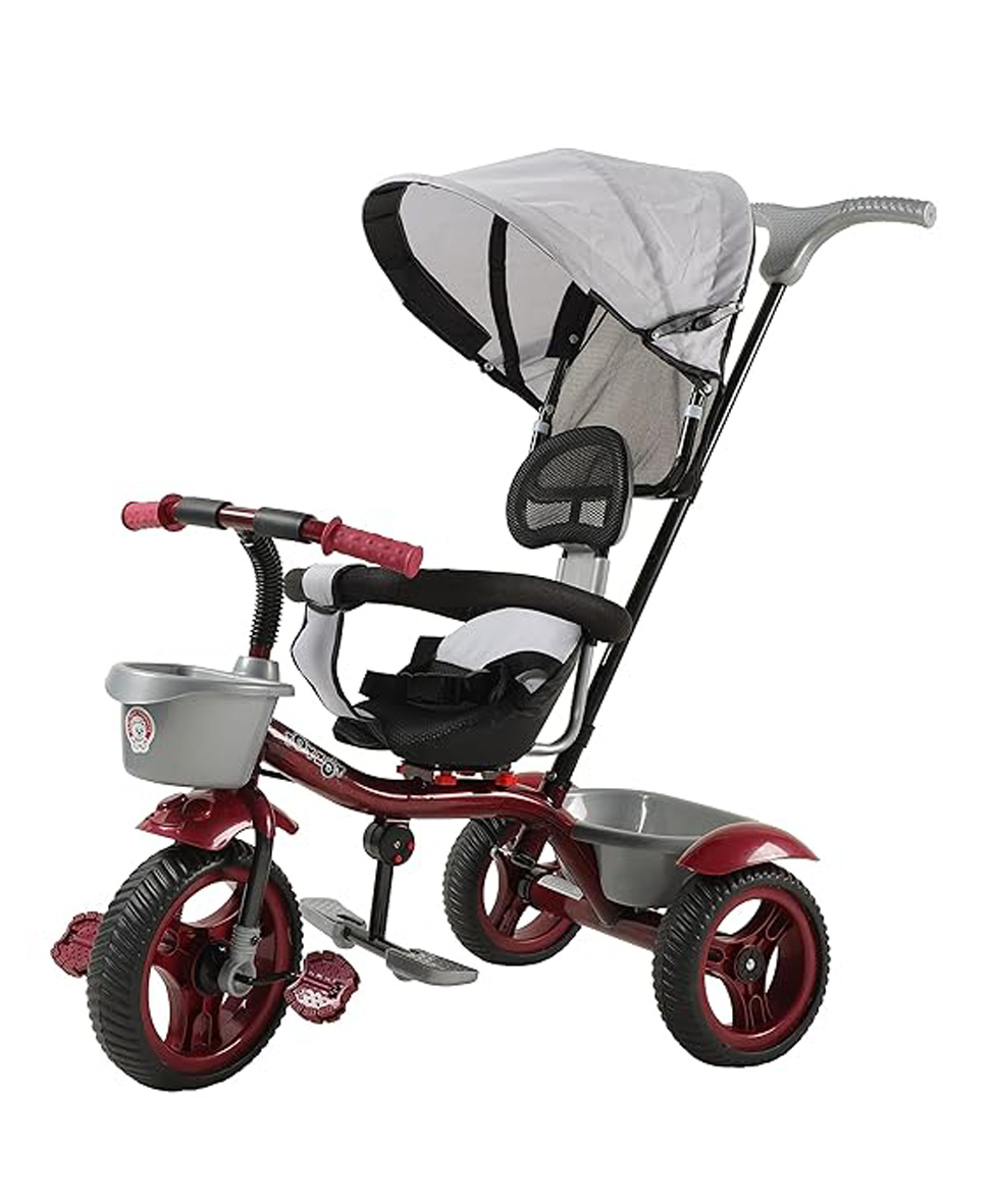 JoyRide Baby BikePRO MAX Rotating Seat Tricycle with Dual Storage Basket & Foldable Canopy, Parental Handle - Footrest - Backrest-Safety Harness for Kids Tricycle - Maroon-picture-23