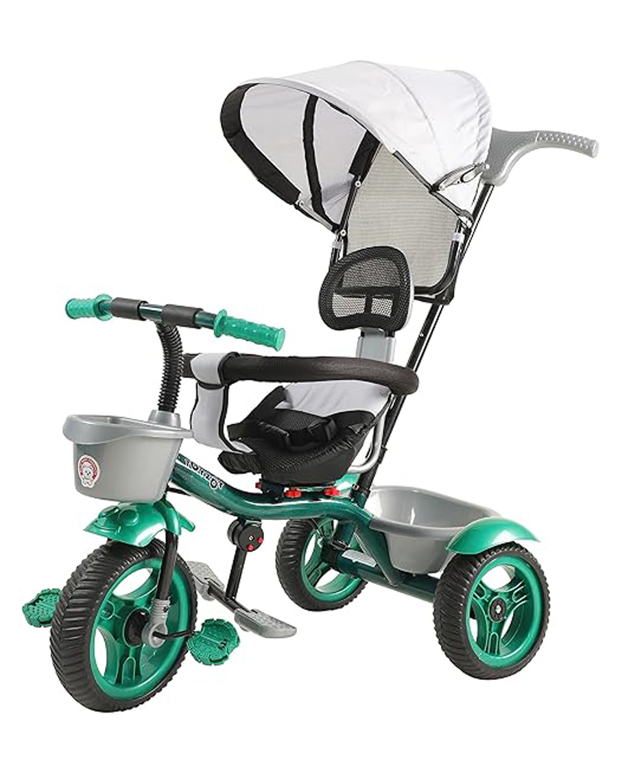 JoyRide Baby BikePRO MAX Rotating Seat Tricycle with Dual Storage Basket & Foldable Canopy, Parental Handle - Footrest - Backrest-Safety Harness for Kids Tricycle - Green-image-36