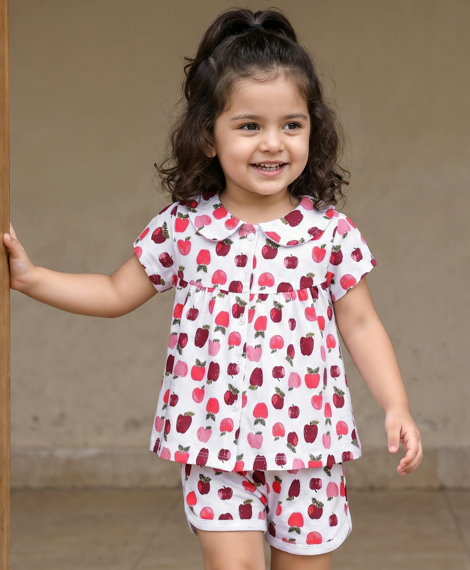 Babyhug Single Jersey Knit Half Sleeves Night Suit Apple Print - White-image-36