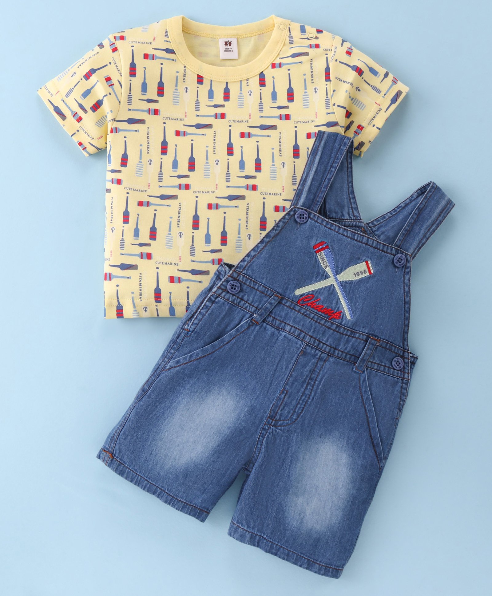 ToffyHouse Cotton Knit Dungarees & Half Sleeves Tee Paddles Print & Embroidery - Lemon-image-27