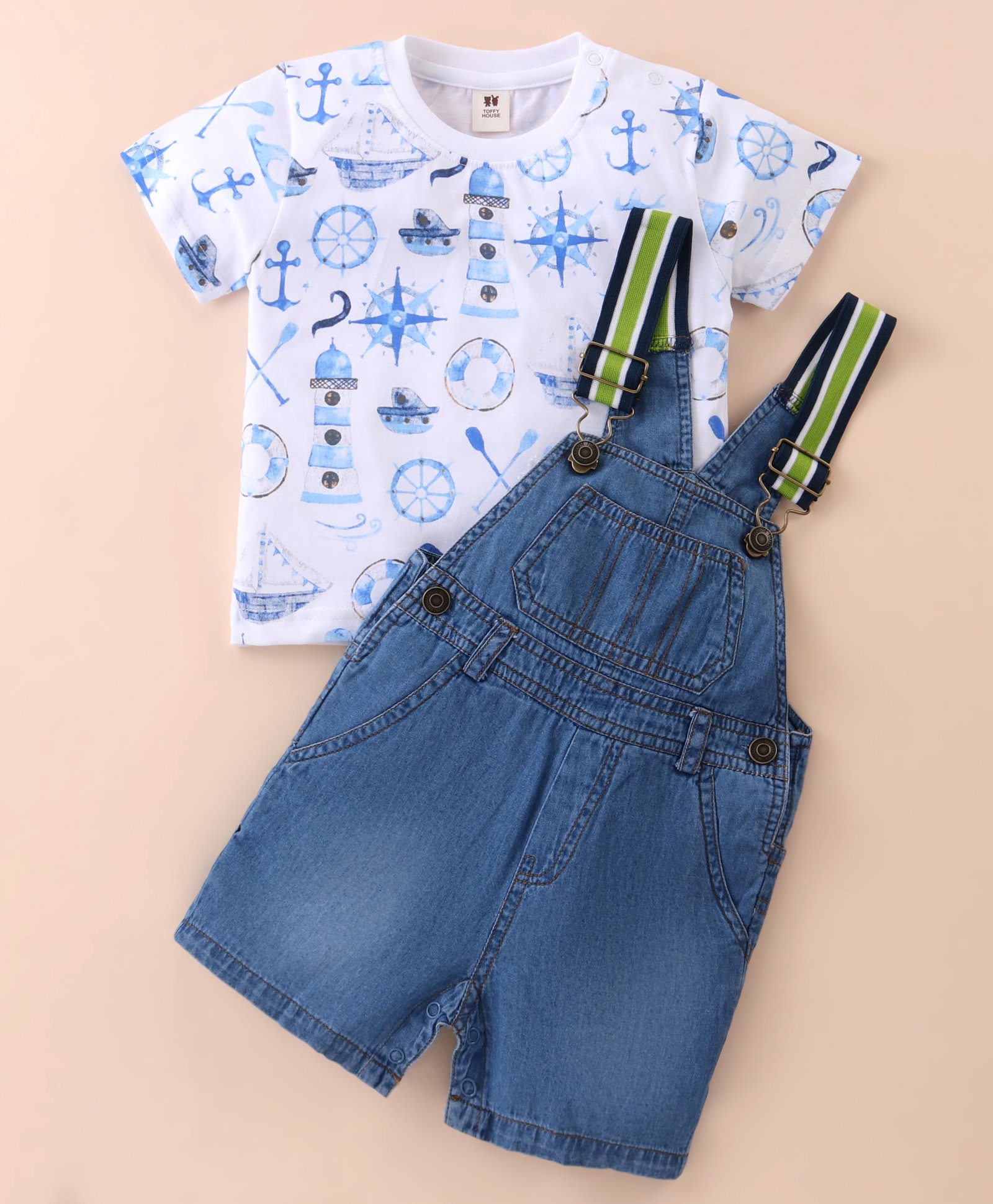 ToffyHouse 100% Cotton Woven Boat Printed Top with Dungaree - Blue & White-picture-31