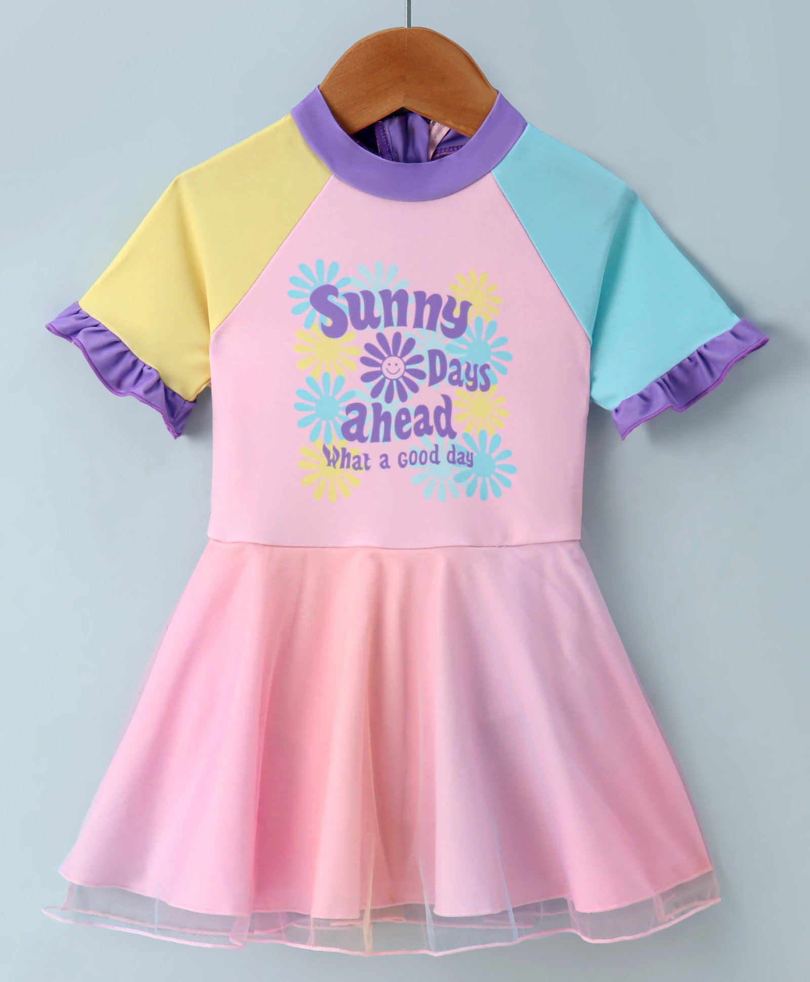 Kookie Kids Half Sleeves Frock Swimsuit with Frill Detailing Text & Floral Print -  Pink-image-24