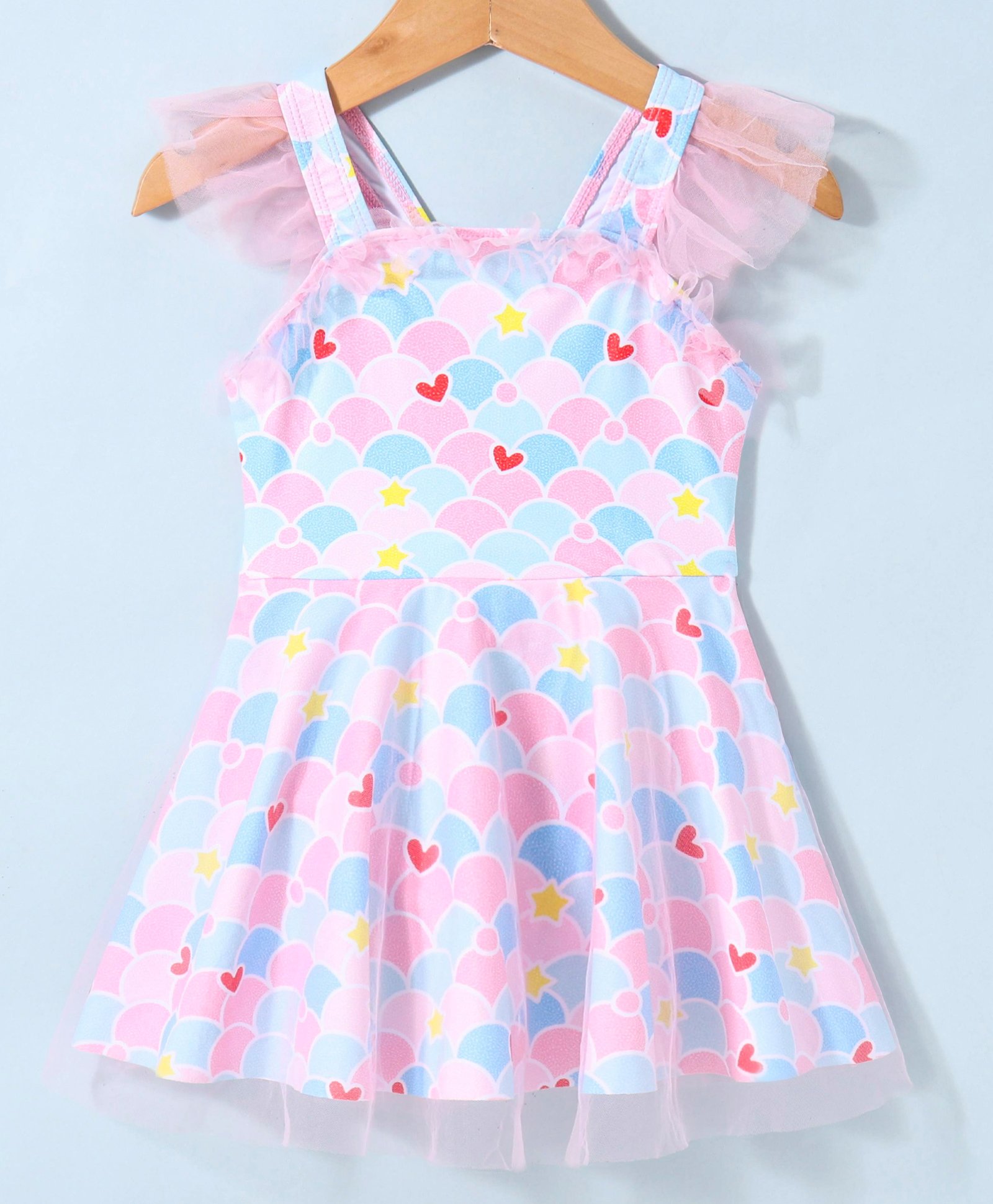 Kookie Kids Half Sleeves Frock Swimsuit with Heart & Star Print - Multicolor-image-35