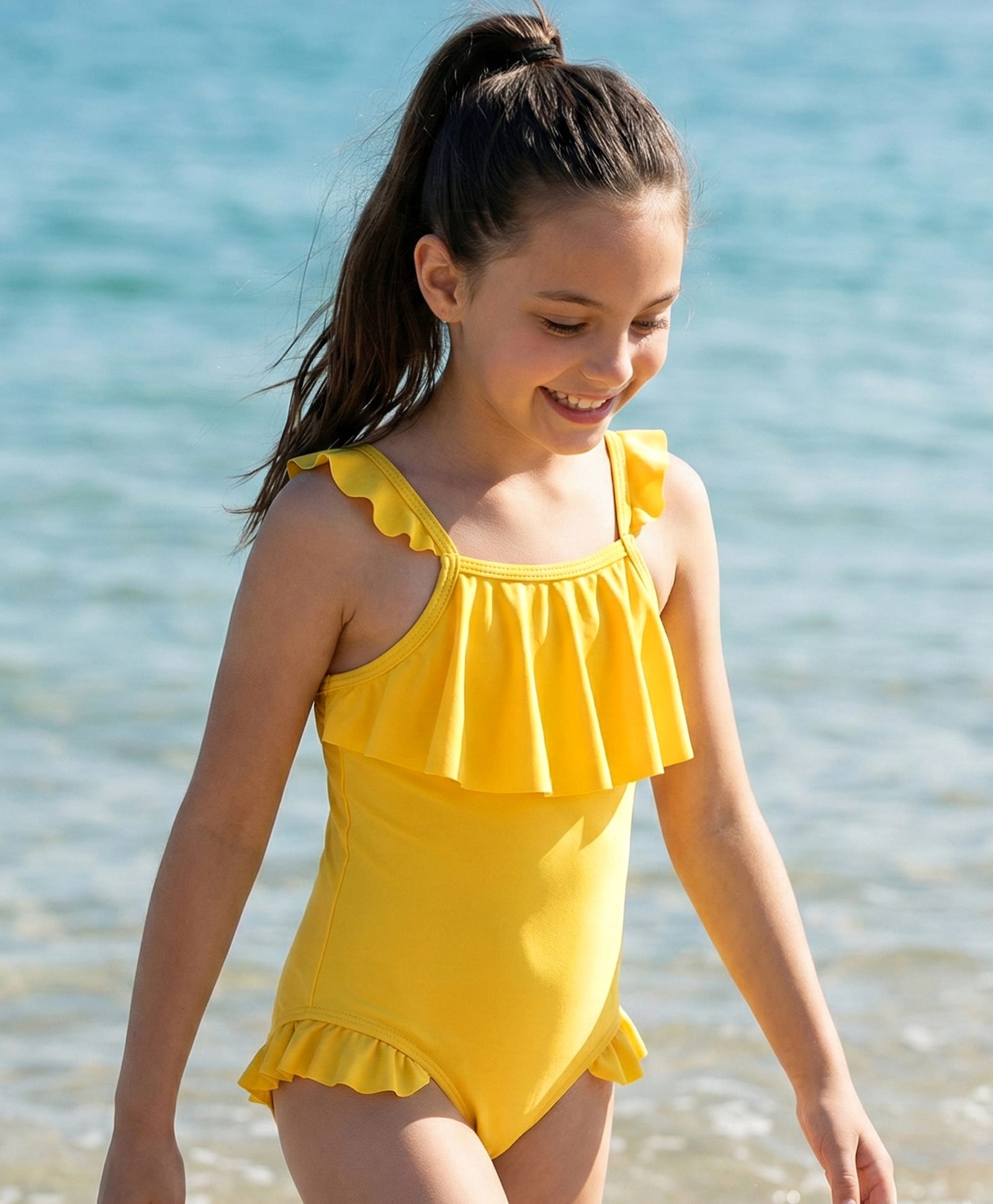 Pine Kids Sleeveless V Cut Swimsuit with Frill Detailing Solid Colour - Yellow-picture-14
