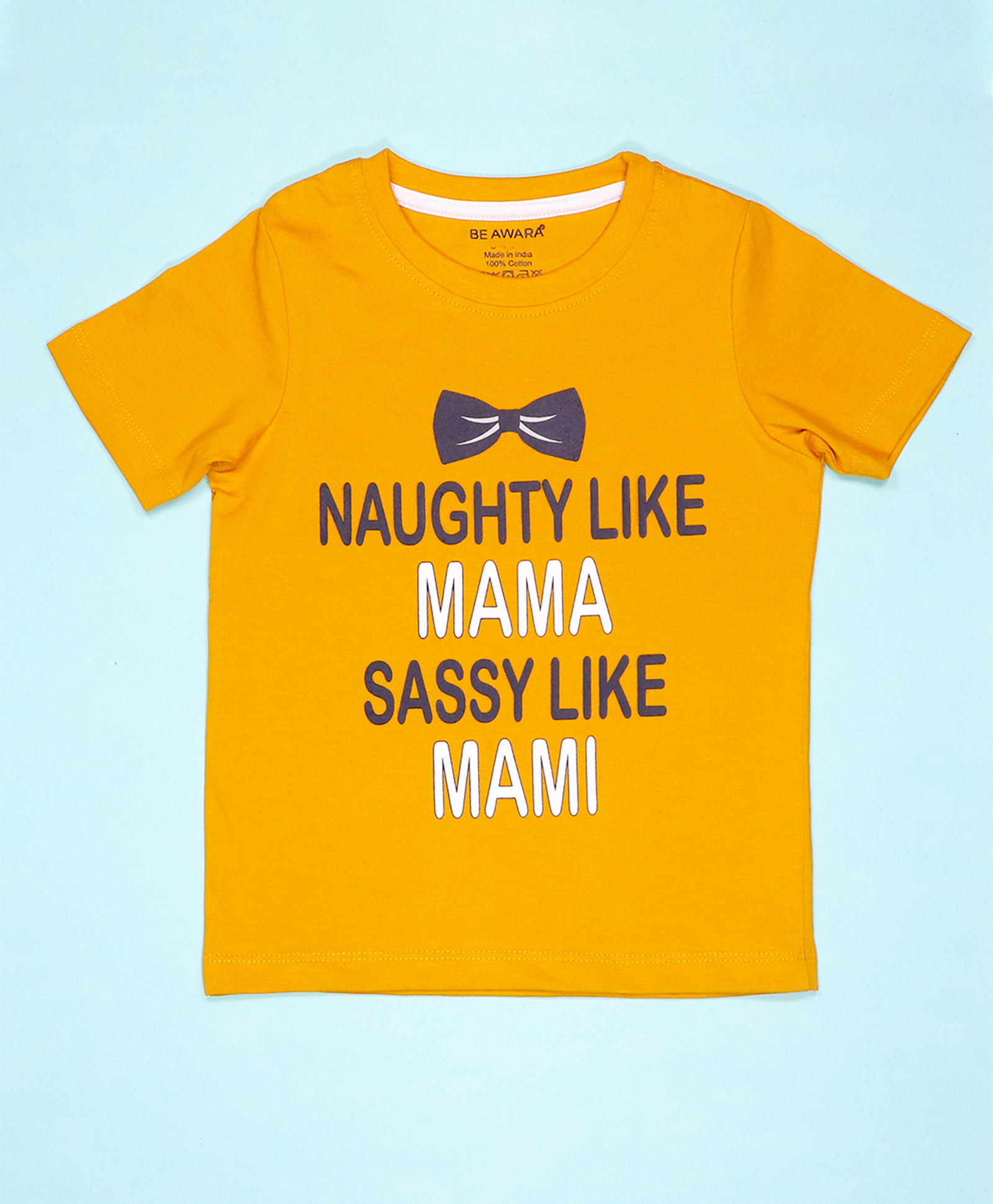 Be Awara Half Sleeves Naughty Like Mama Text Printed  Tee - Yellow-picture-15