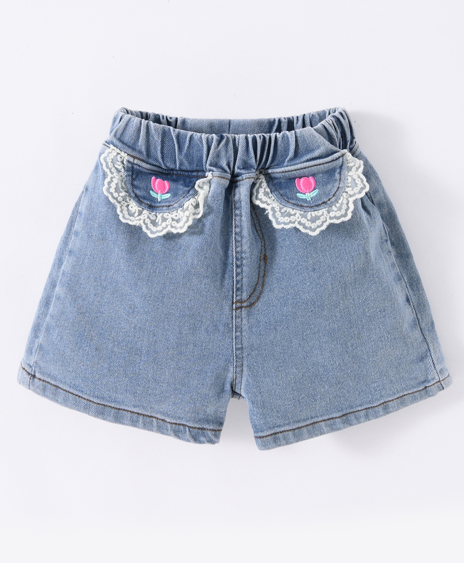Kookie Kids Mid Thigh Length Washed Shorts with Floral Embroidery - Blue-image-26