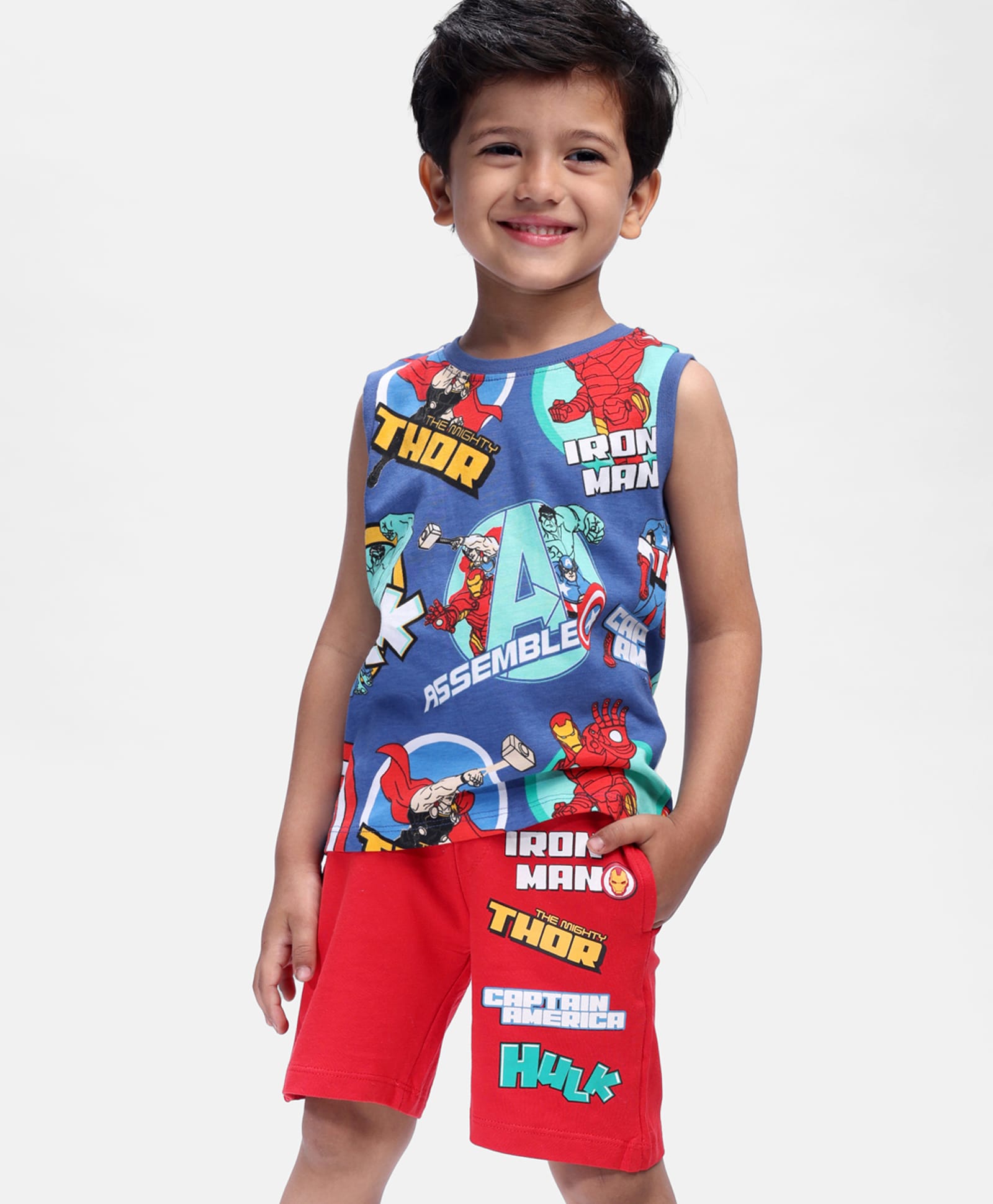Babyhug Marvel Single Jersey Knit Sleeveless T-Shirt with Shorts Set With Avengers Print - Navy Blue & Red-image-30