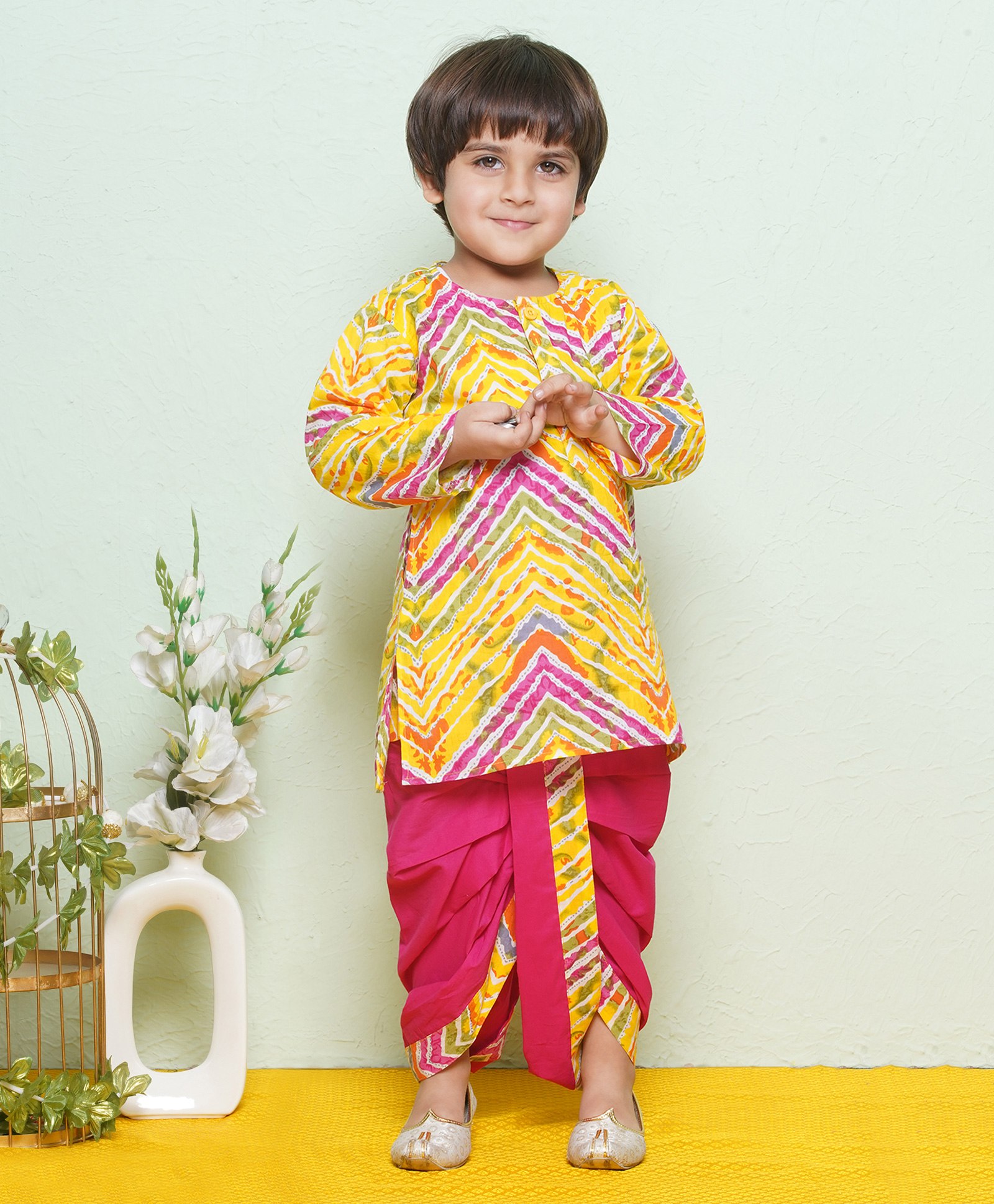AJ Dezines Pure Cotton Full Sleeves Leheriya Designed Kurta & Dhoti Set - Pink-image-49