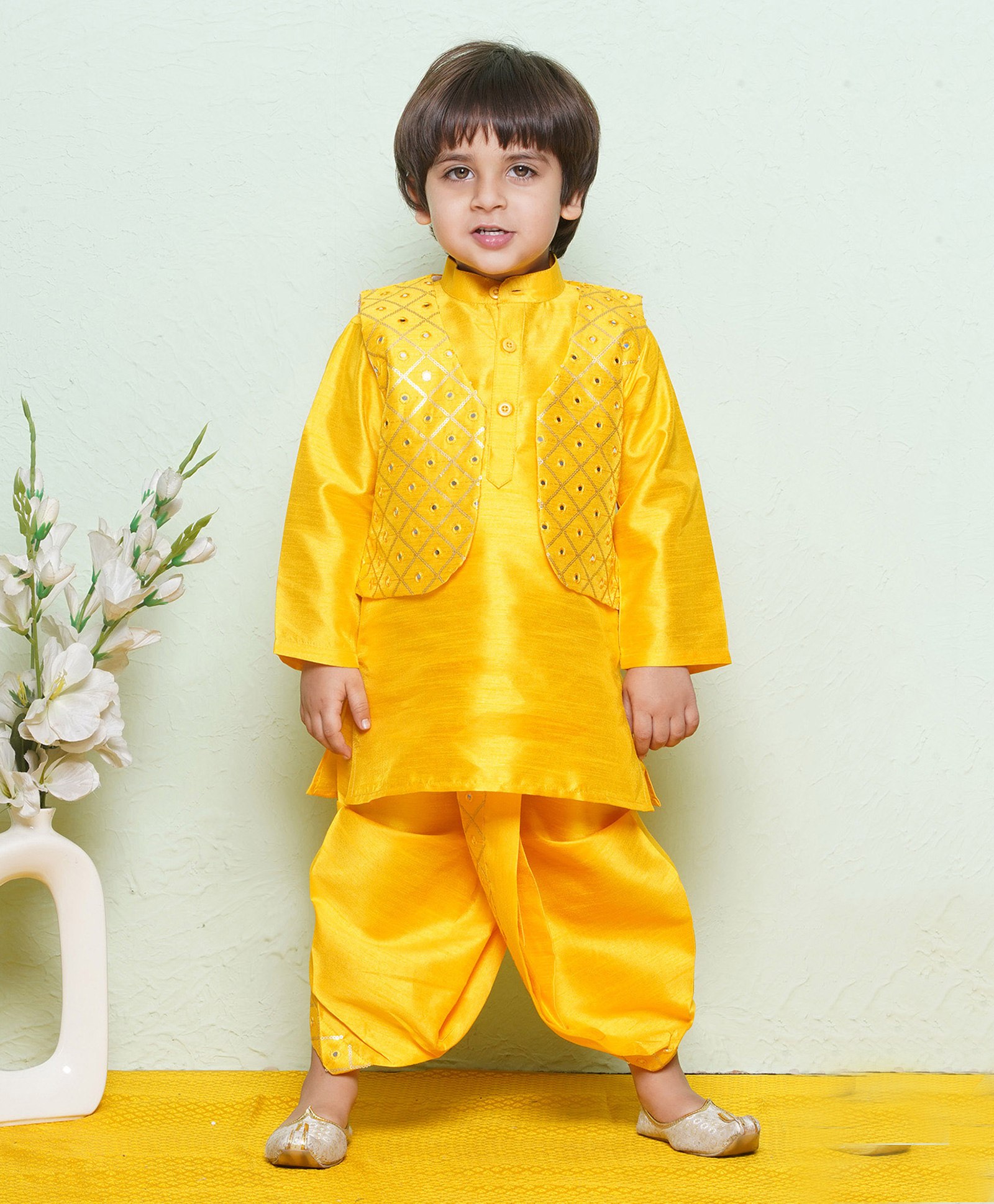 AJ Dezines Pure Cotton Full Sleeves Solid Kurta & Dhoti  With Mirror Work Embellished Jacket - Mustard Yellow-picture-39