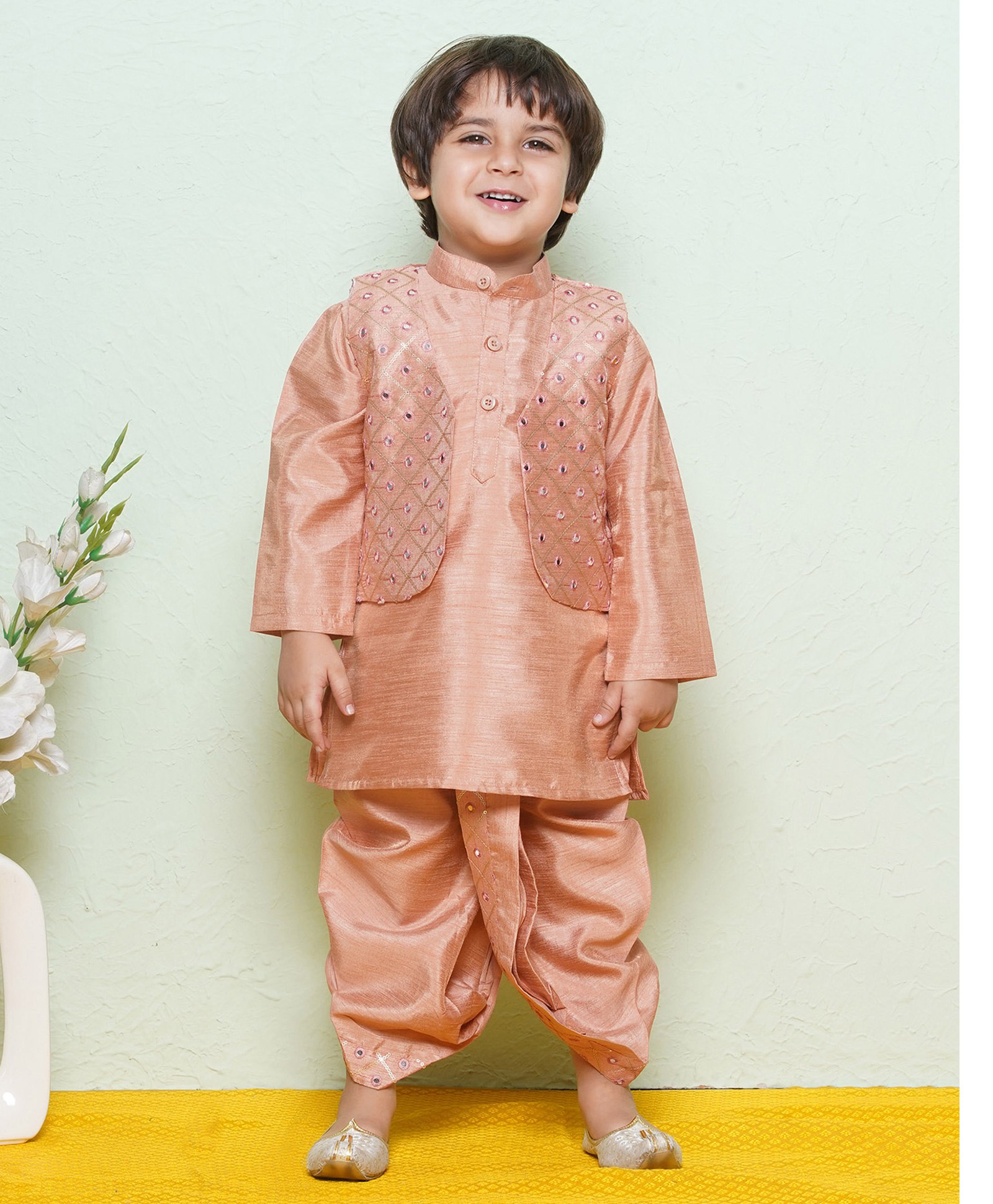 AJ Dezines Pure Cotton Full Sleeves Solid Kurta & Dhoti With Mirror Work Embellished Jacket - Peach-image-13