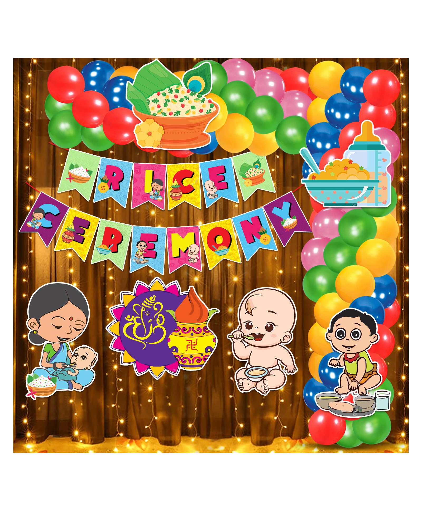 Zyozi Annaprashan Decoration Items - Banner, Balloons, Cardstock, Rice Light Multicolor - Pack Of 60-picture-24