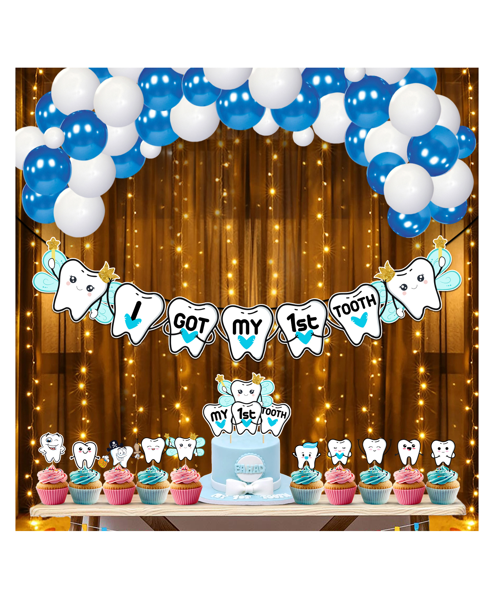 ZYOZI First Tooth Decoration Combo Set for Boy Baby - Banner, Cupcake Topper, Rice Light Blue and White -Pack Of 38-image-11