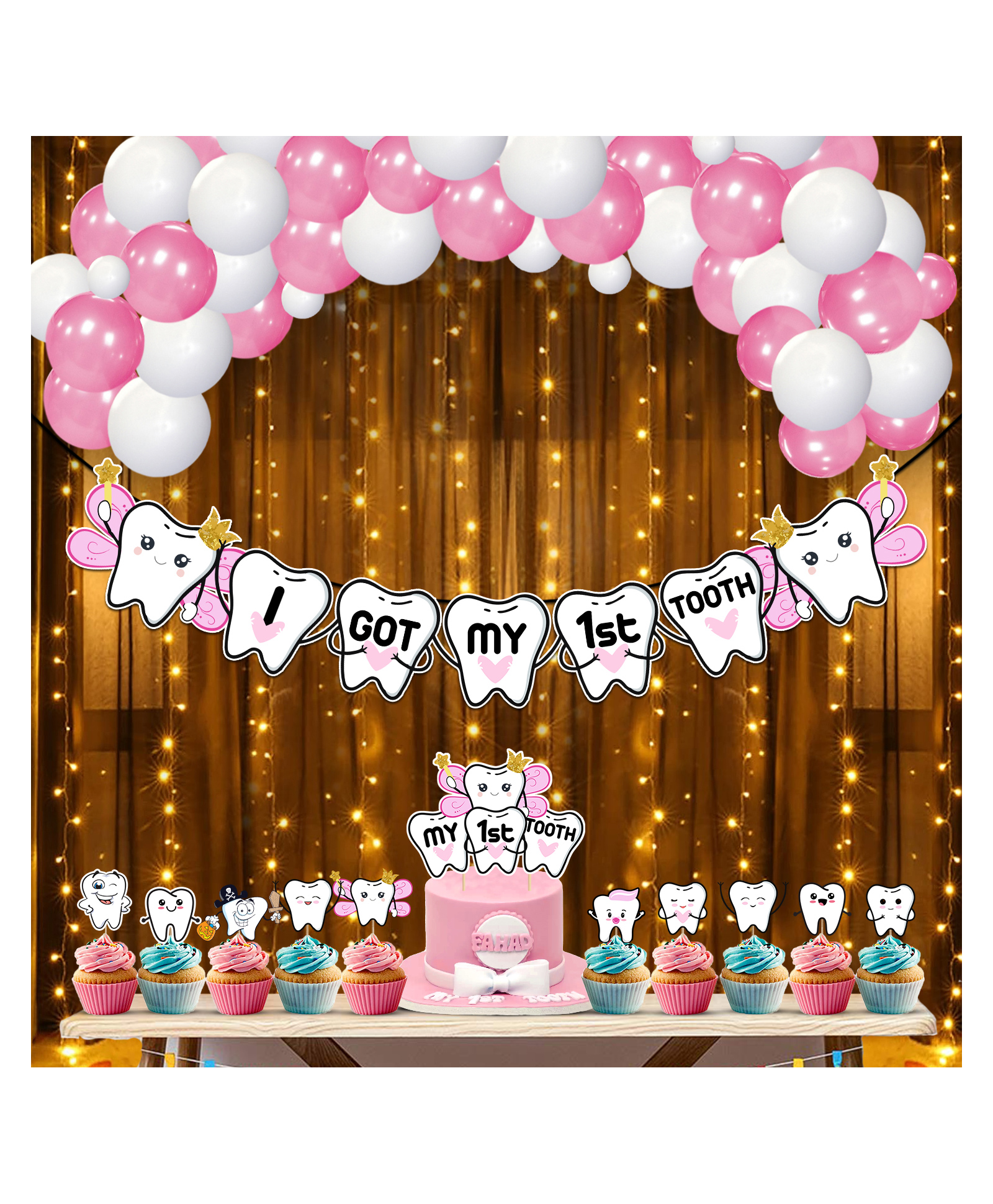 ZYOZI  First Tooth Decoration Items For Baby Girl - Banner, Cake Topper, Rice Light Pink and White - Pack Of 38-image-13