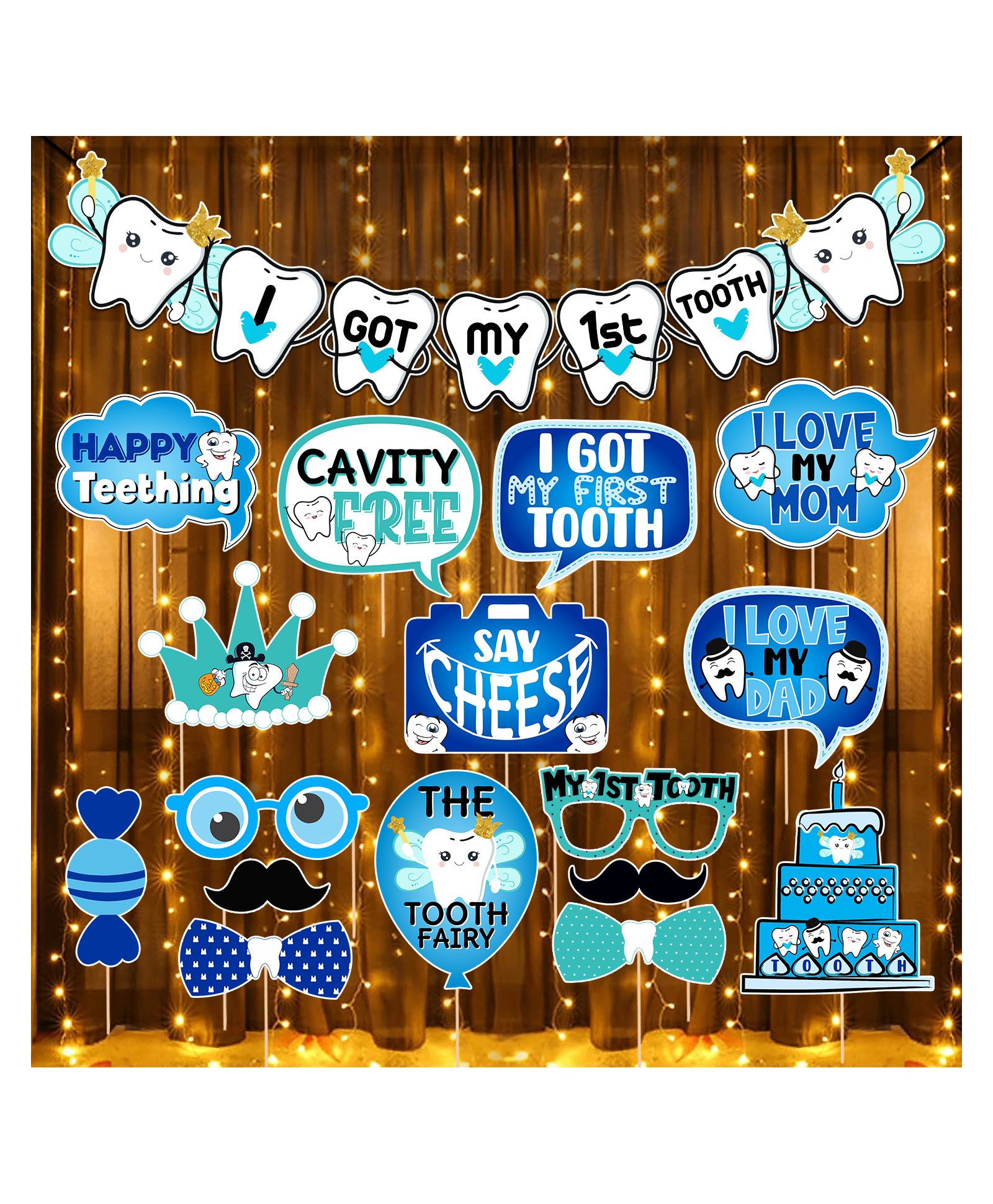 Zyozi First Tooth Decoration Combo For Boy - Banner, Photo Booth & Rice Light Blue and White  Pack Of 18-image-41