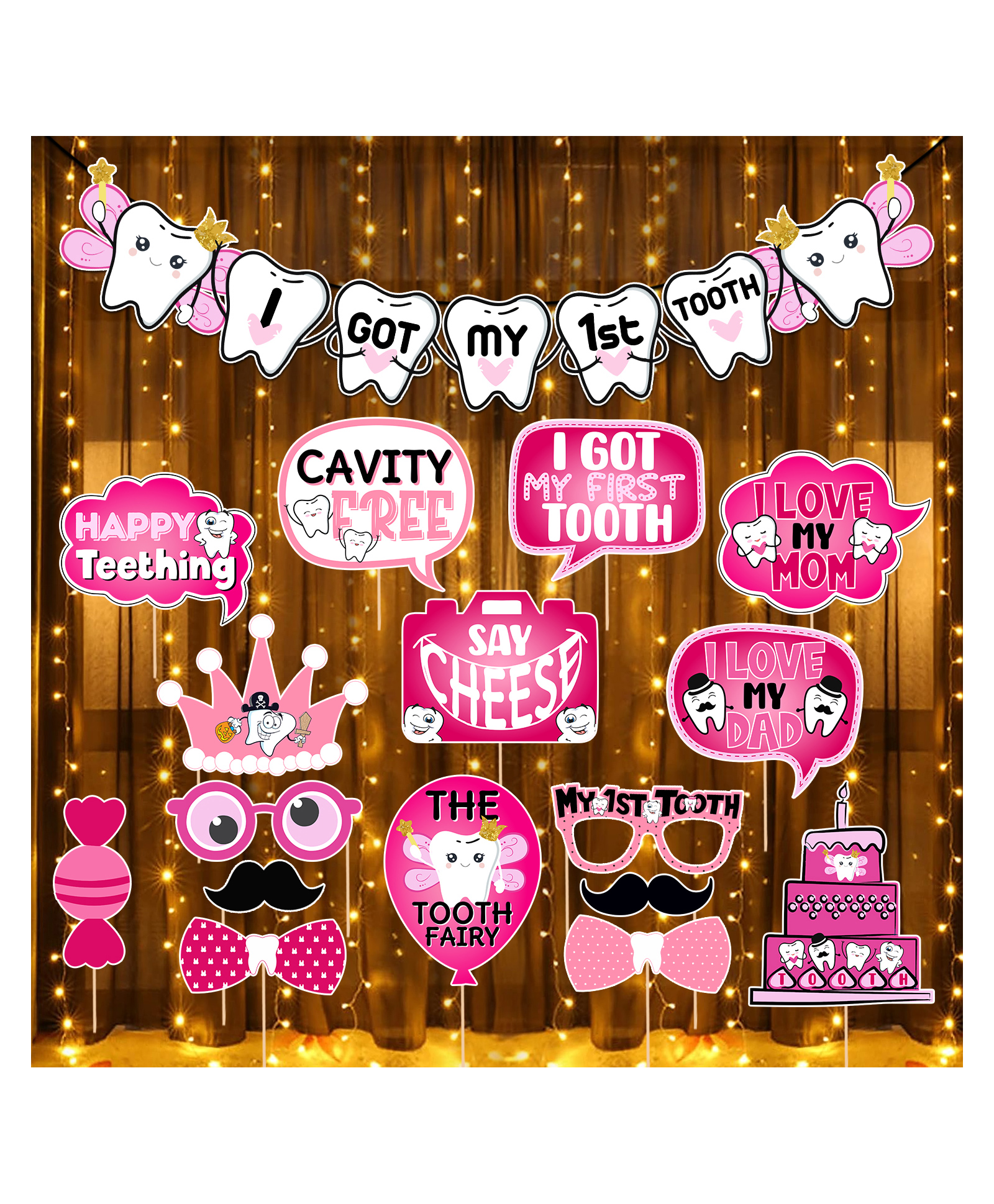 Zyozi First Tooth Decoration Combo - Banner, Photo Booth Props & Rice Light Pink and White - Pack Of 18-image-2