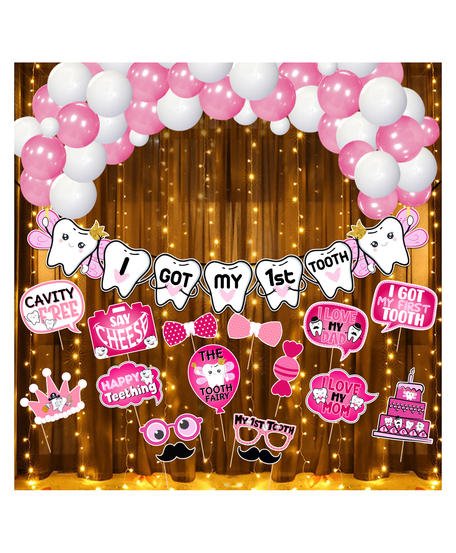 Zyozi I Got My First Tooth Decoration Set for Baby Girl - Pink And White - Pack Of 43-image-35
