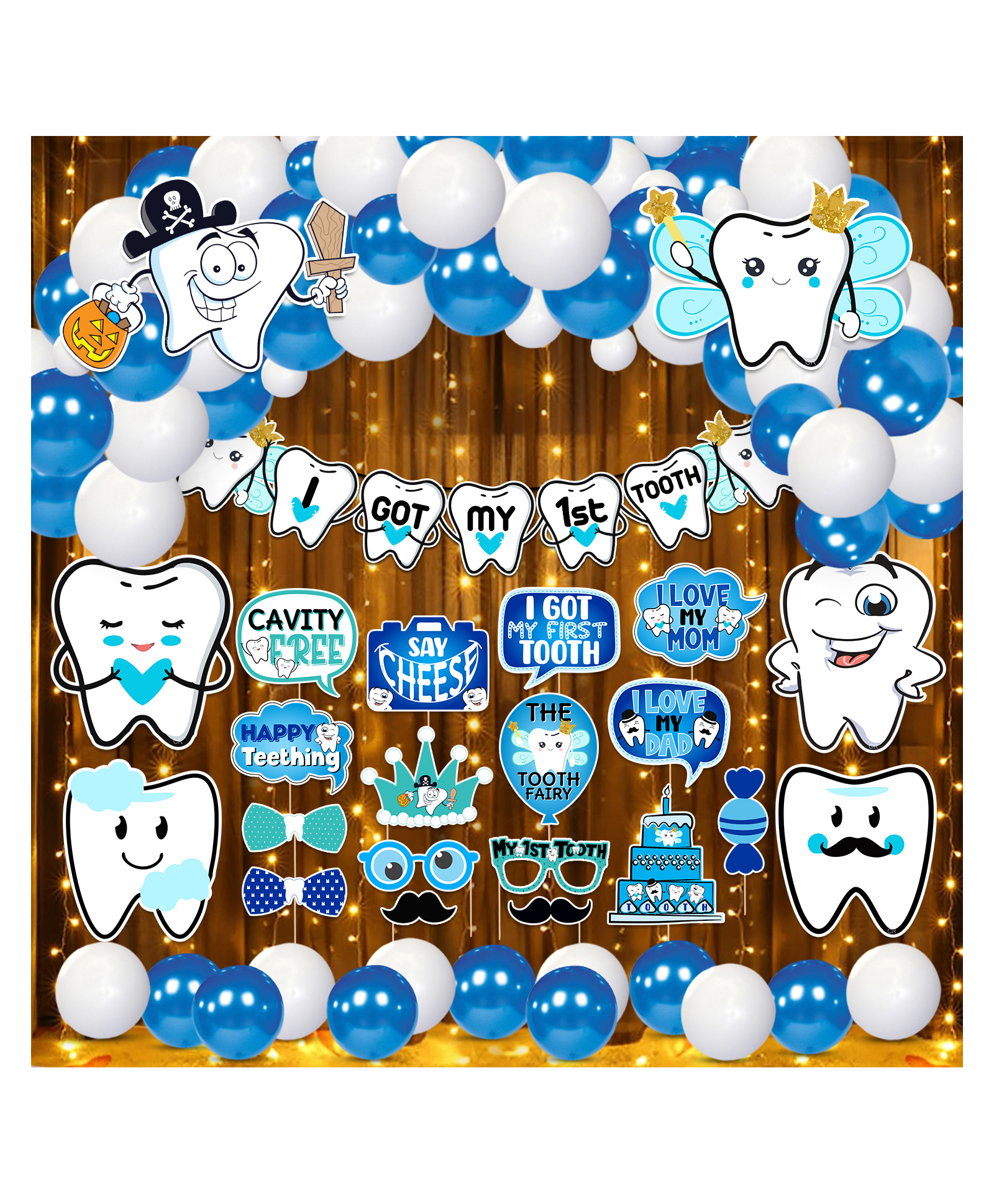 Zyozi I Got My First Tooth Decoration Kit for Baby Boy - Banner, Cardstock, Balloons Blue and White - Pack Of 66-picture-21