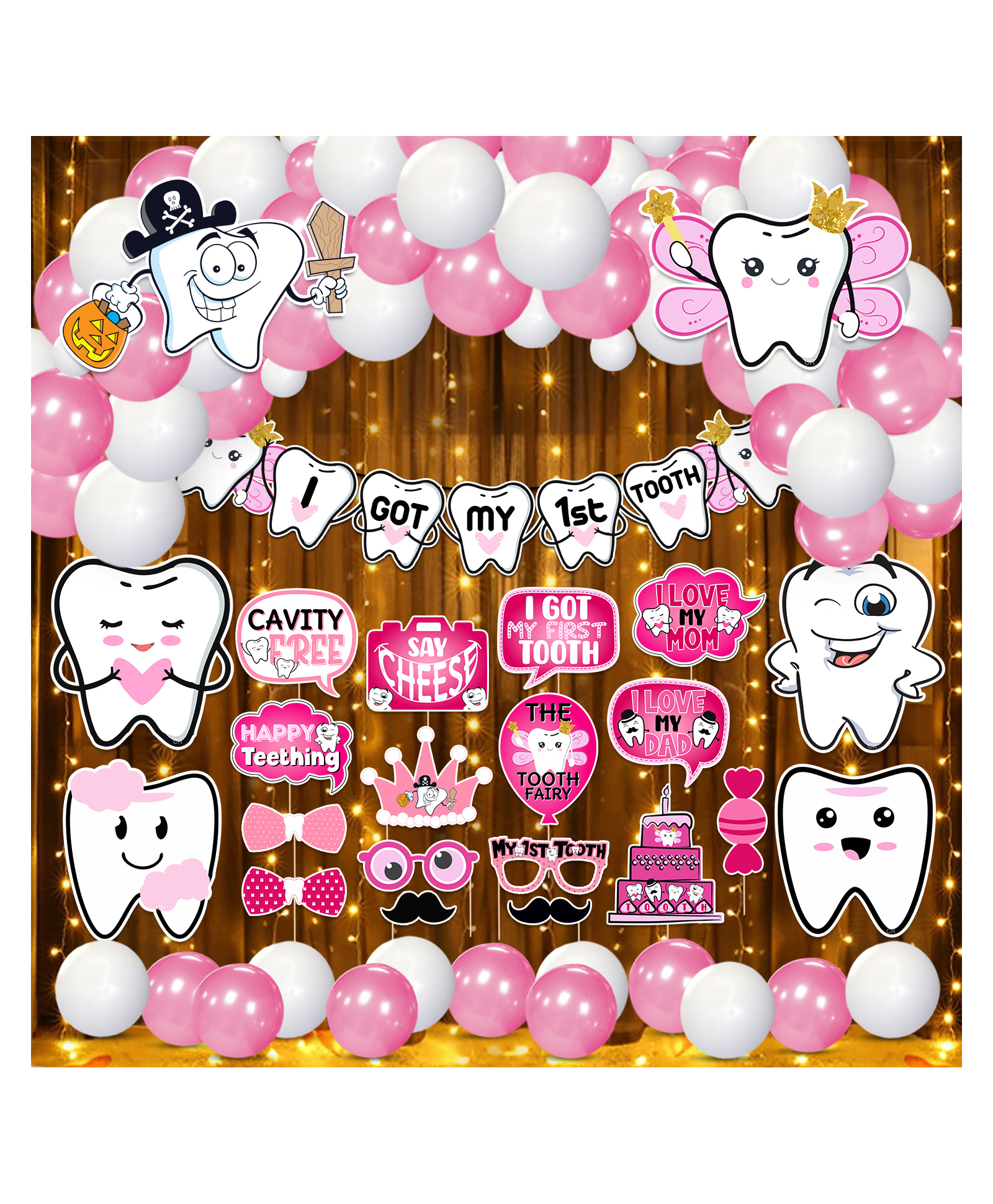 Zyozi 1st Teeth Decorations Items for Baby Girl - Banner, Cardstock, Balloons wtih Photo Booth Props, Rice Light  Pink And White - Pack Of 66-picture-18