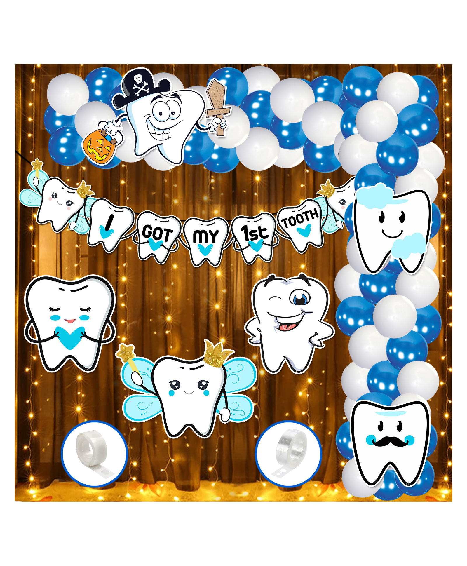 Zyozi First Tooth Decoration Kit - Banner, Cardstock Cutout, Rice Light with Balloons  Blue and White - Pack of 60-picture-22