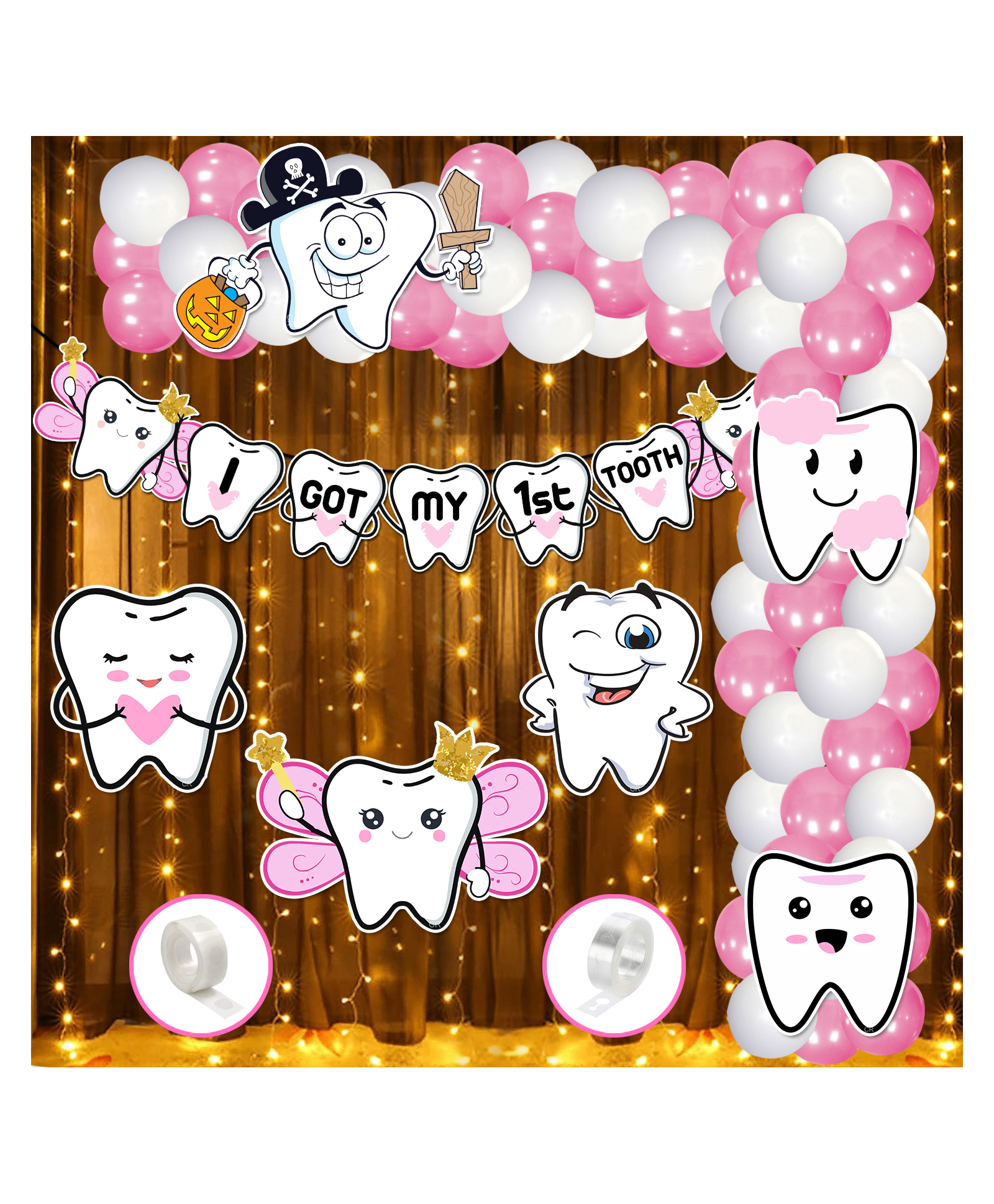 Zyozi I Got My First Tooth Decorations,  1st Teeth Decoration Items  Pink and White - Pack of 60-picture-19