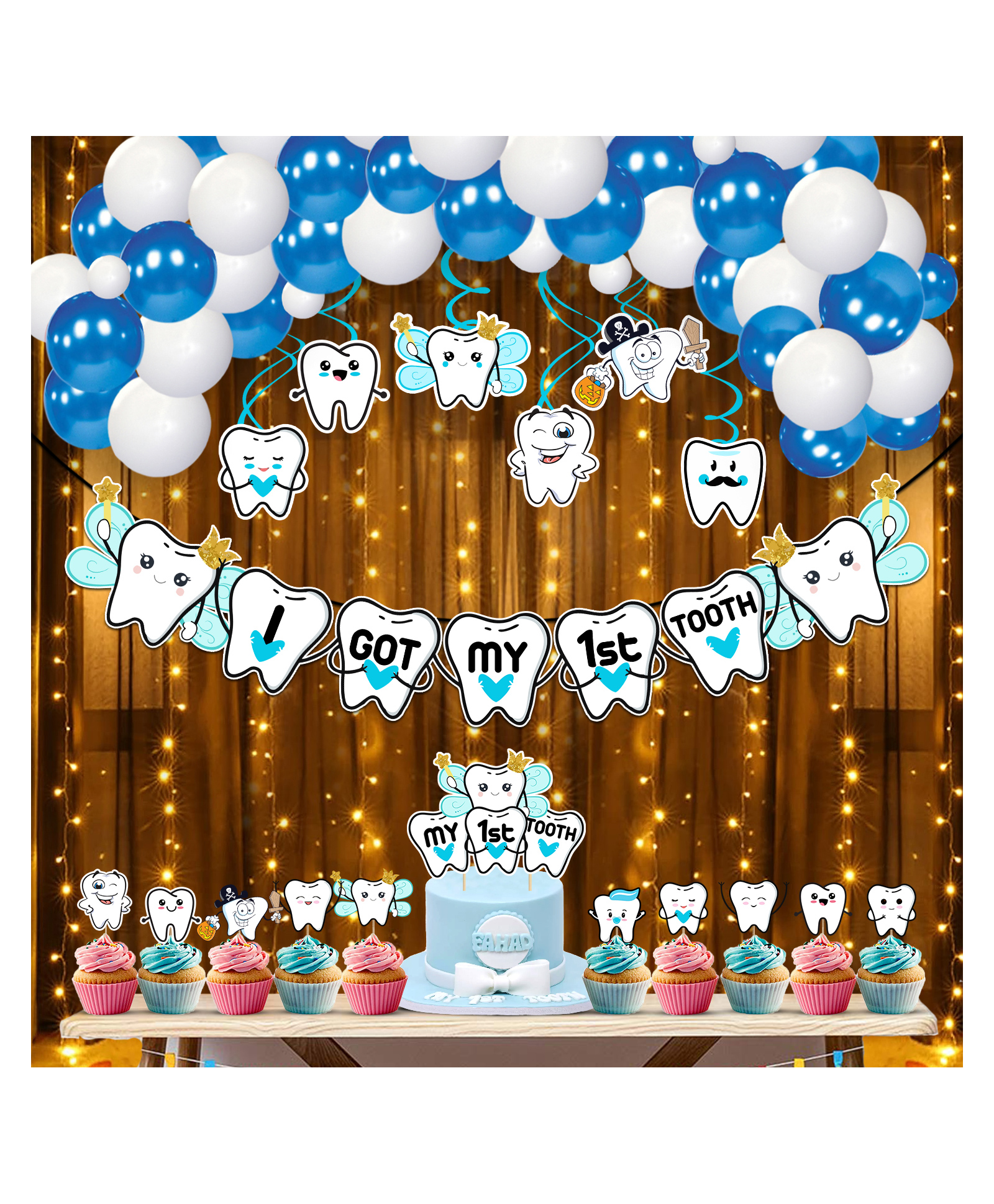 Zyozi I Got My First Tooth Decoration Items - Banner, Balloons, Swirls Hangings Blue And White - Pack Of 44-picture-17