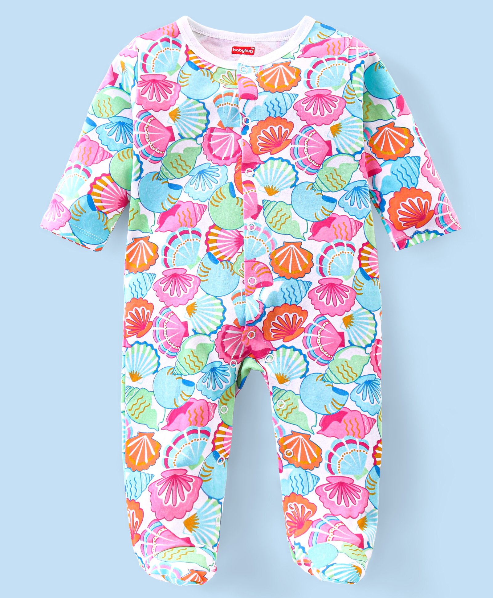 Babyhug Interlock Knit Full Sleeves Footed Sleep Suit Seashell Print - Multicolor-picture-12