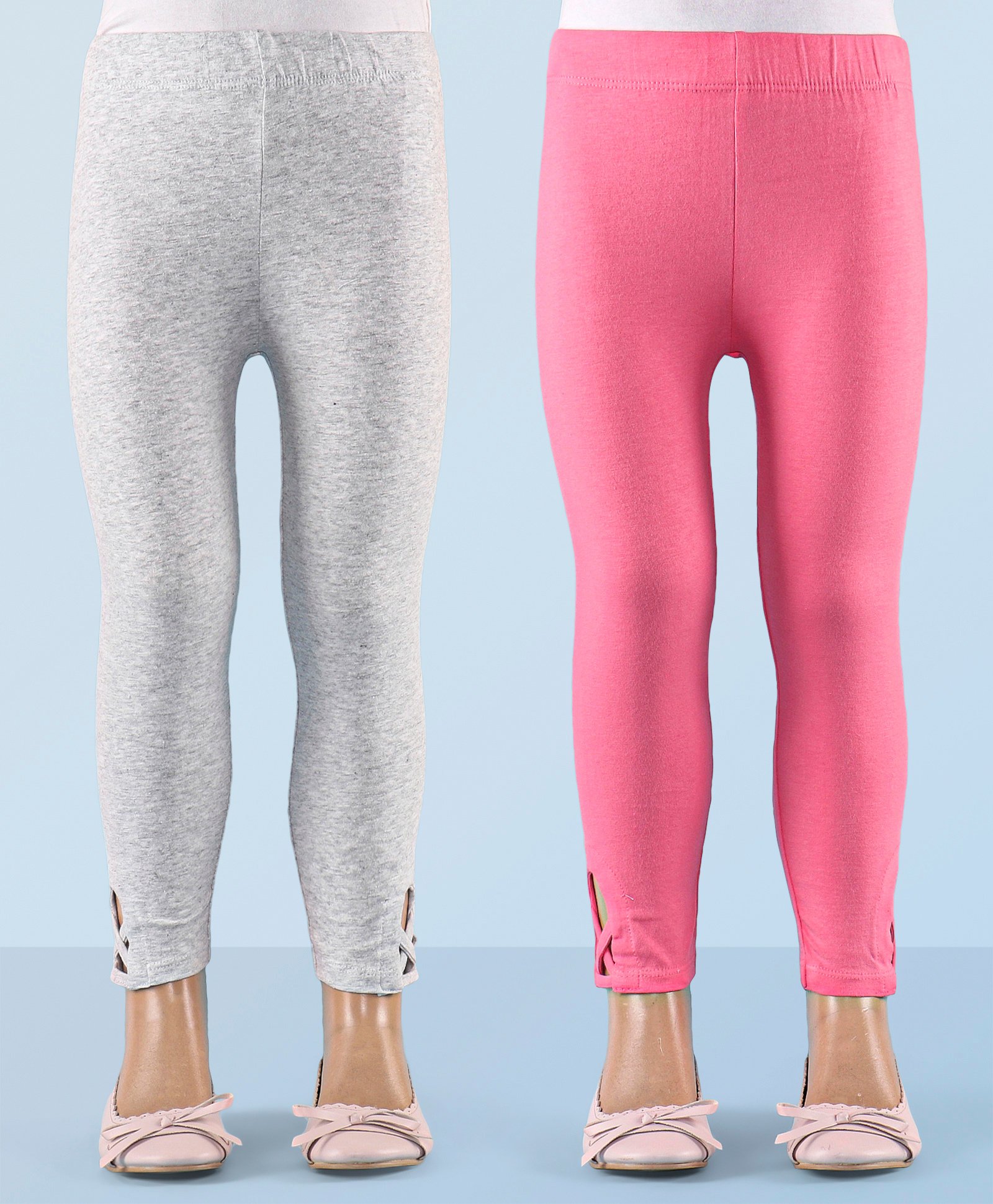 Honeyhap Premium Cotton Elastane Single Jersey Knit Full Length Leggings With Bio Finish Solid Colour Pack Of 2- Grey Melange & Pink Lemonade-image-49