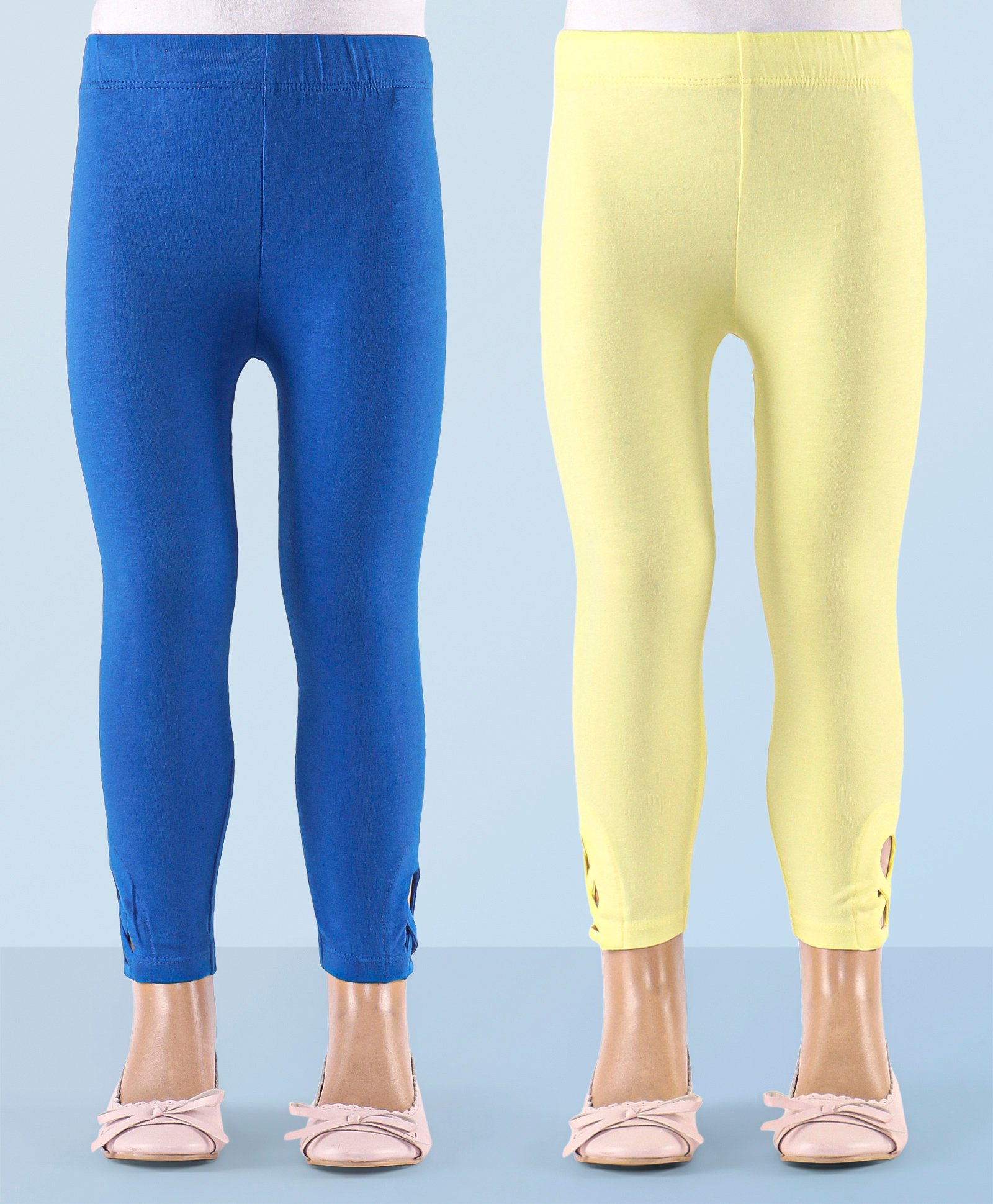 Honeyhap Premium Cotton  Elastane Single Jersey with Bio Finish Full Length Solid Color Leggings Pack of 2 - Elfin Yellow & Princess Blue-image-18