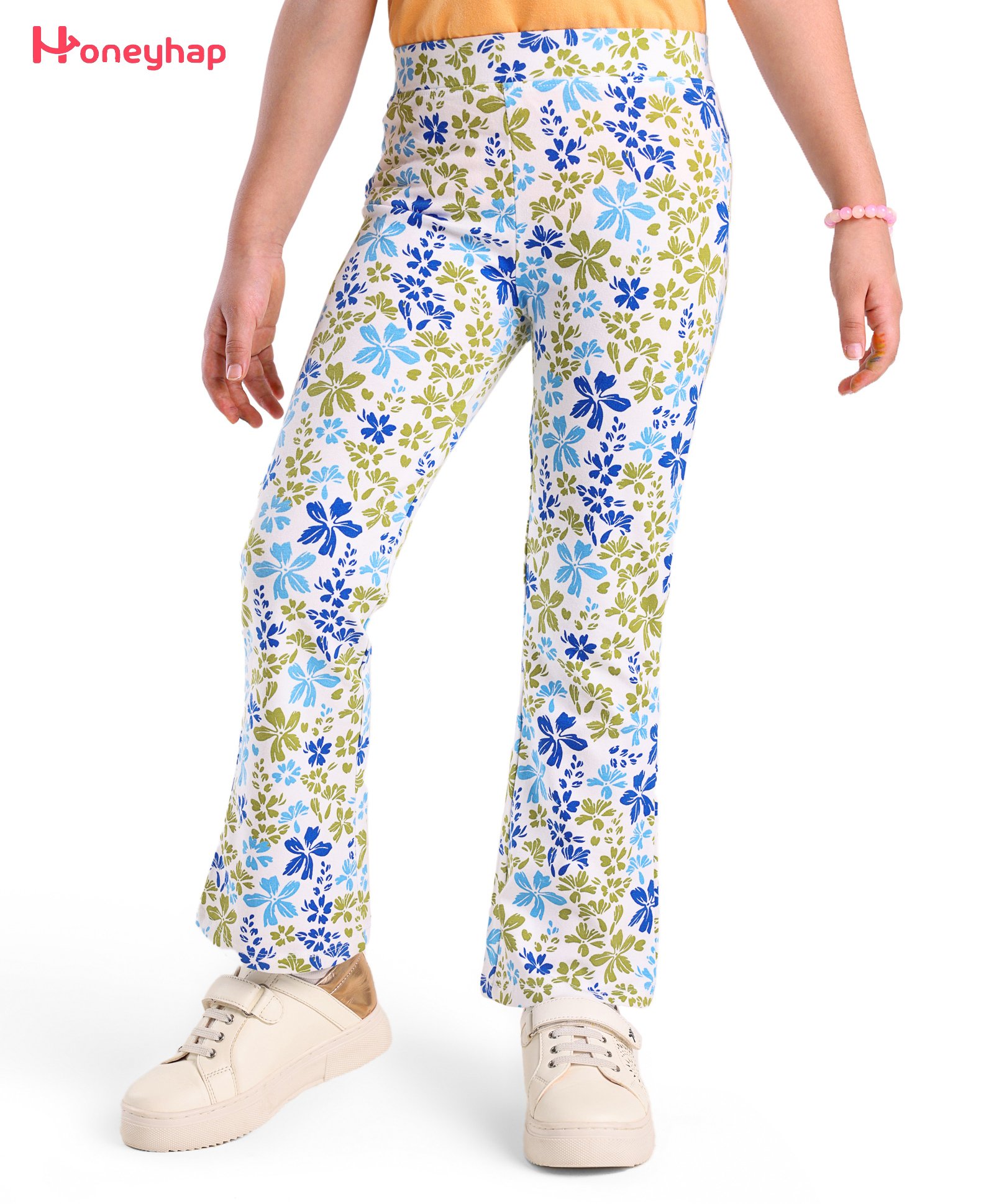 Honeyhap Premium Cotton Elastane Single Jersey  With Bio Finish Full Length Leggings With Floral Print - Bright White-picture-32