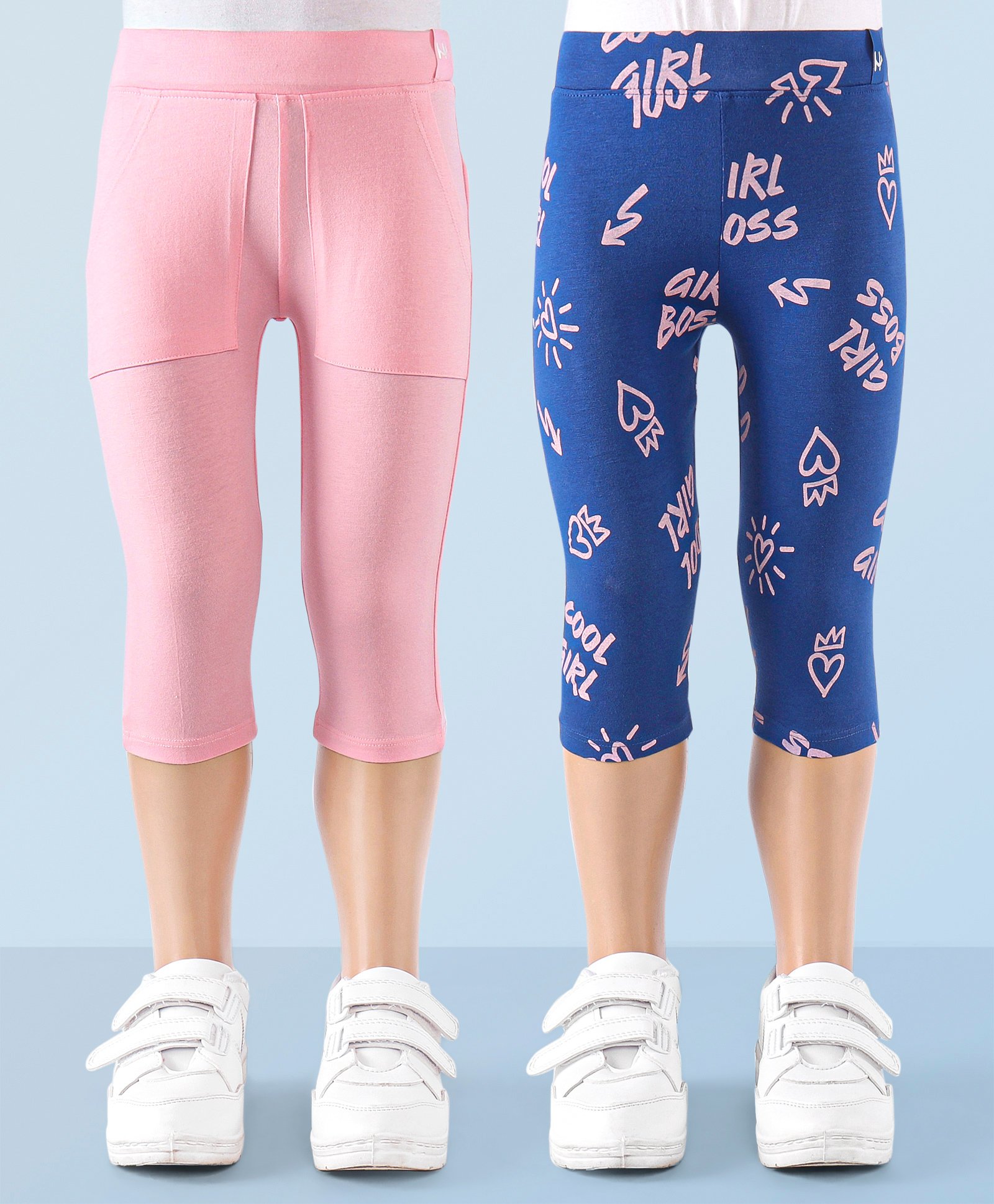 Honeyhap 95% Cotton 5% Elastane Three Fourth Leggings with Bio Finish Text Print & Solid Pack of 2 - Pink & Blue-image-44