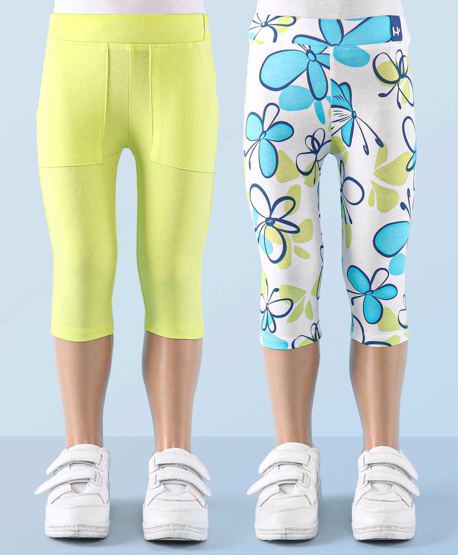 Honeyhap Premium Single Jersey With Bio Finish Three Fourth Leggings With Butterfly Print Pack Of 2 - Limeade Green & Bright White-picture-27