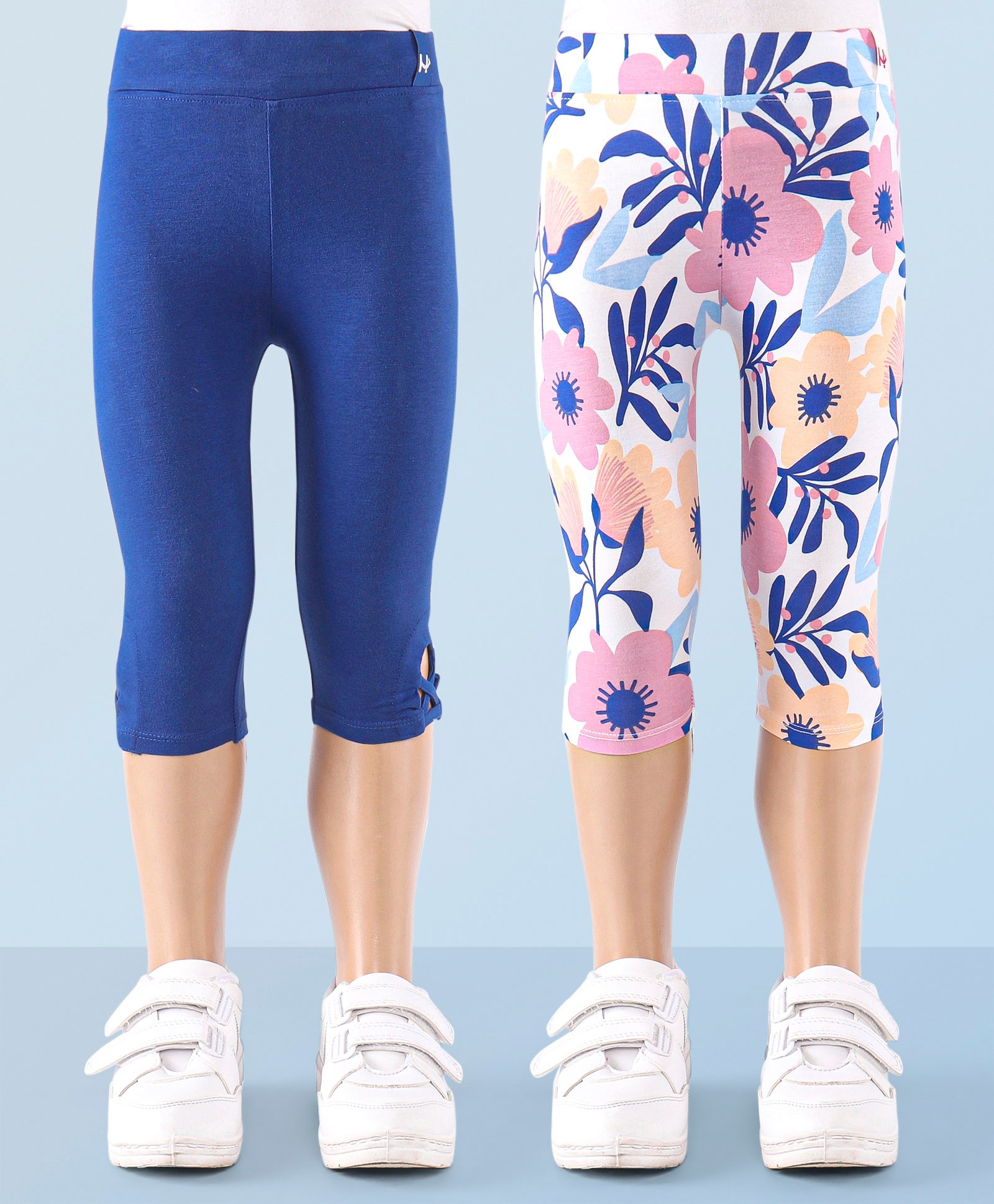 Honeyhap Premium Cotton  Elastane Single Jersey with Bio Finish Three Fourth Leggings Floral Print Pack of 2 - Mykonos Blue & Bright White-picture-25