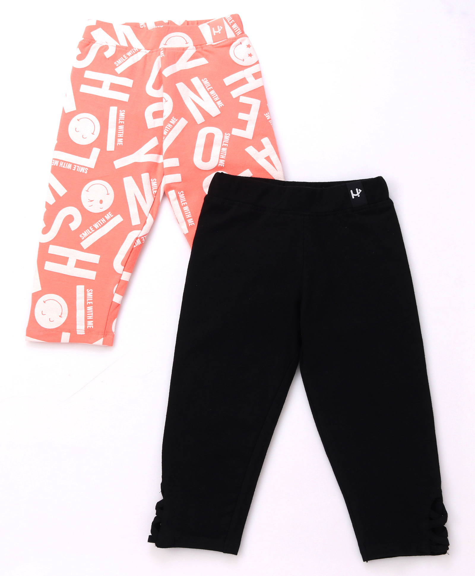 Honeyhap Premium Cotton  Elastane Single Jersey with Bio Finish Three Fourth Leggings Alphabet Print Pack of 2 - Black & Peach-picture-18