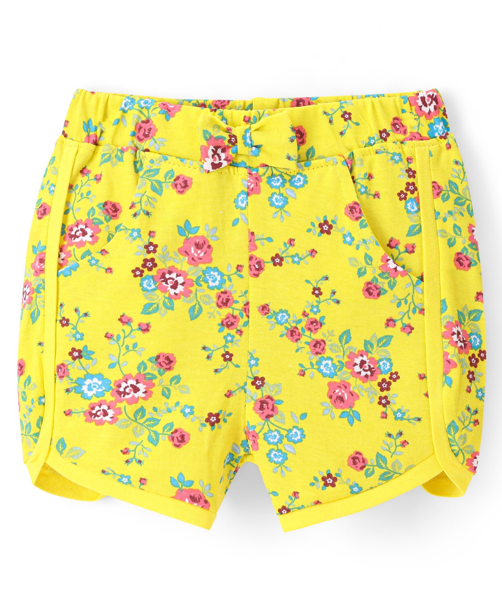 Babyhug Single Jersey Mid Thigh Length Shorts With Floral Print - Yellow