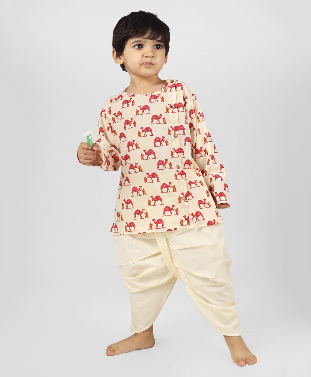 Polka Tots Full Sleeves Camel Printed Kurta With Dhoti - Cream-image-8