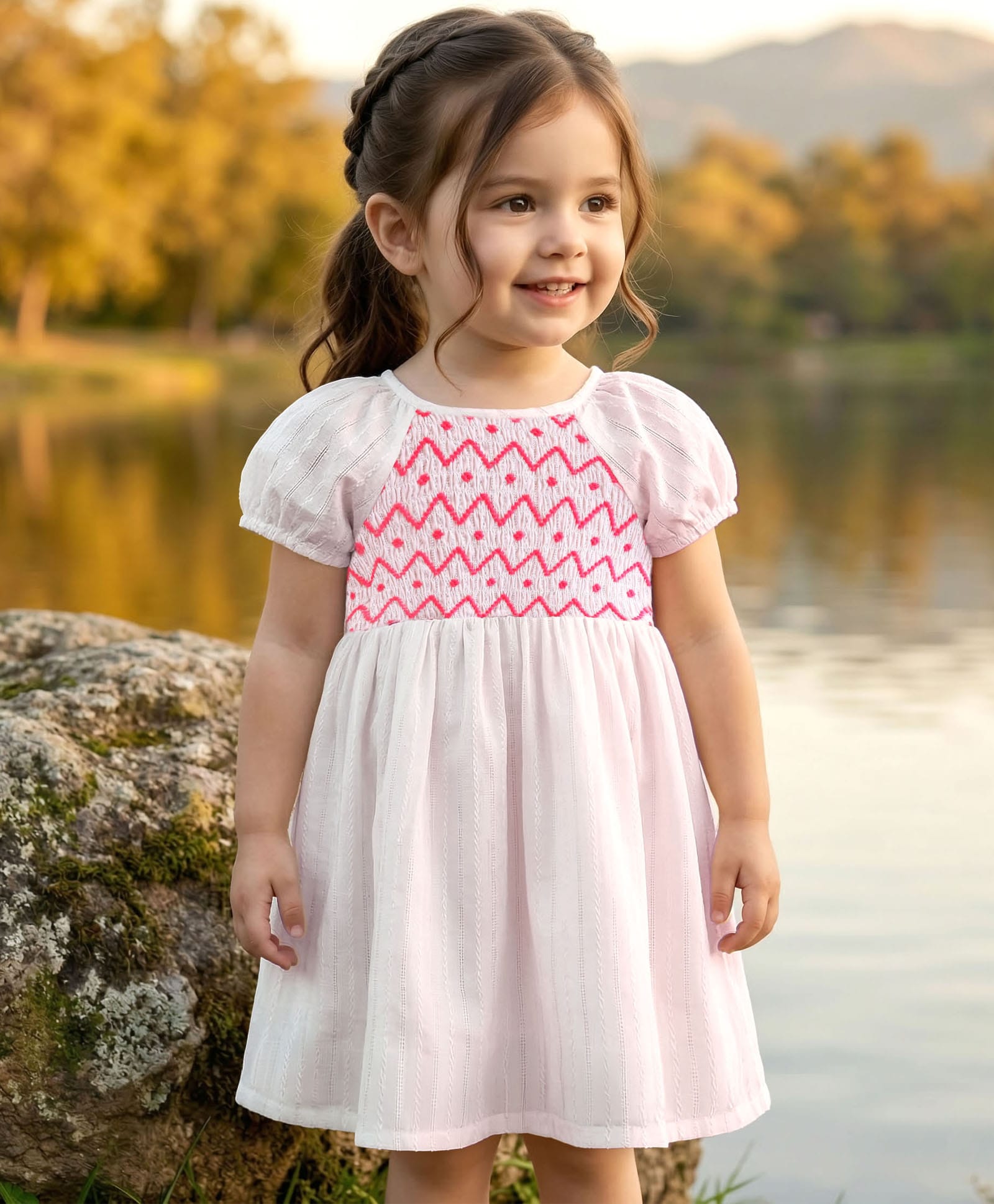 Babyhug 100% Cotton Knit Half Sleeves Frock With Shapes Print - White & Pink-image-45