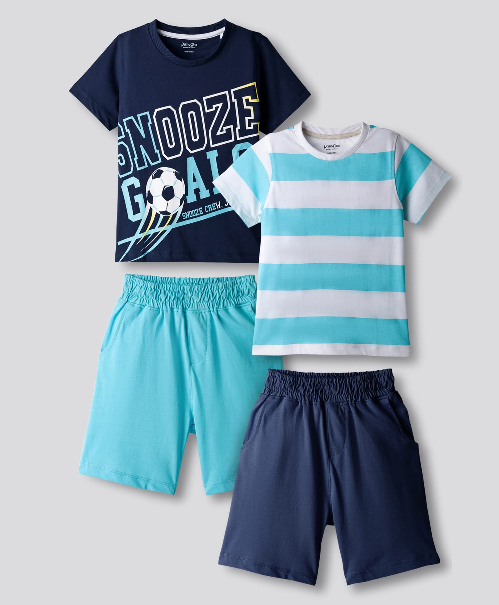 Primo Gino 100% Cotton Knit Half Sleeves Shorts Night Suit With Stripes & Text Print Pack Of 2 - Light Blue & Navy Blue-image-20