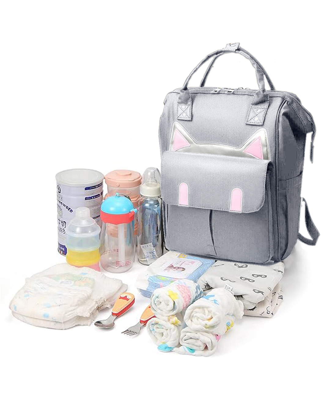Babymoon Multifunction Diaper Backpack Style Kitty Print Diaper Bag - Grey-image-34